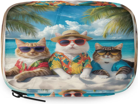 Cool Cats Summer Beach Pill Organizer Travel Medicine Case with Zipper Daily Vitamin Storage Bag Portable 8 Slot Weekly Pill Box Supplement Holder for Home Office Gym Travel