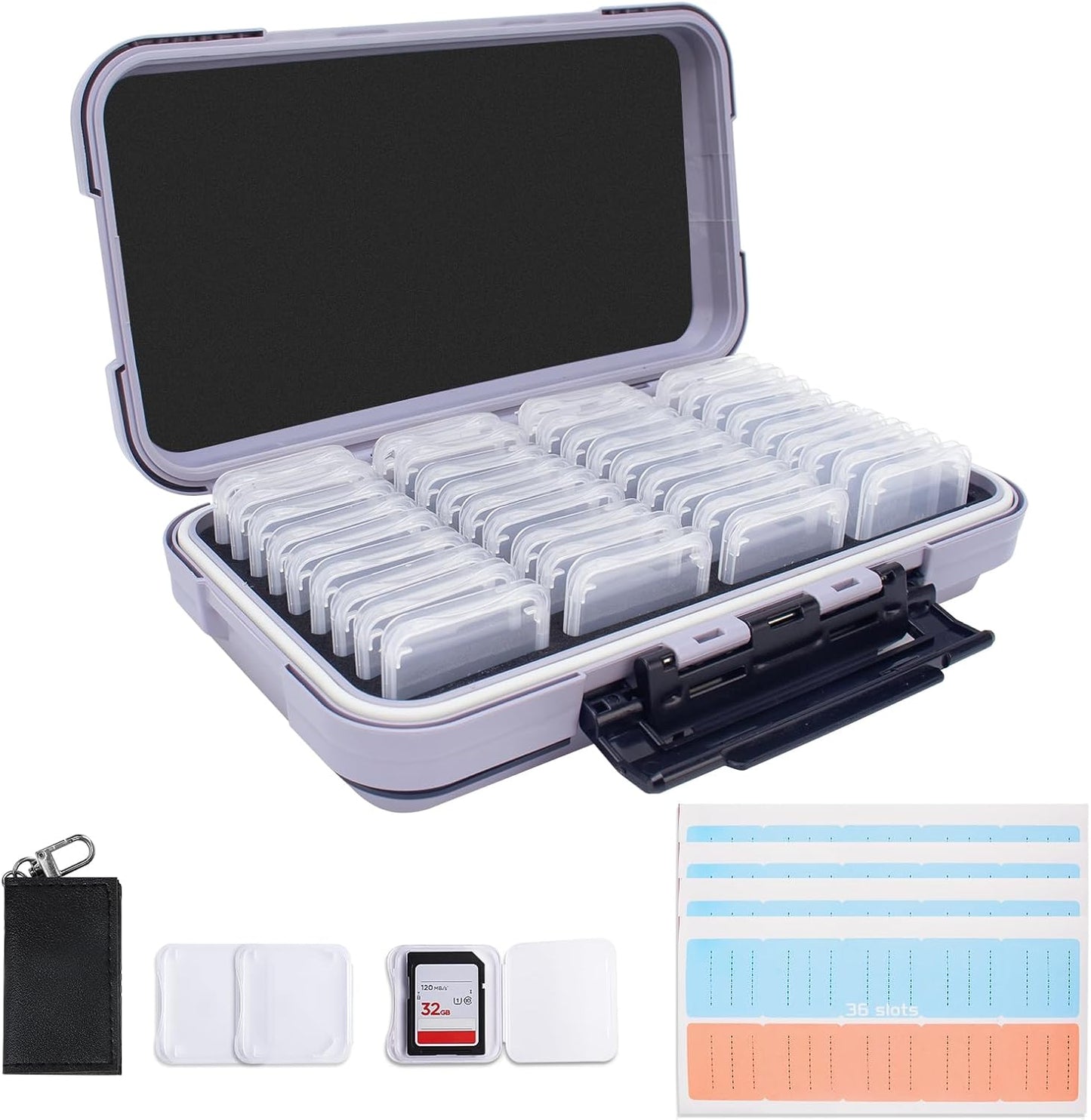 36-Slot Gray Memory Card Case with 36 Transparent Holders & 40 Writable Labels – SD Card Organizer & Storage Case for Camera Memory Cards