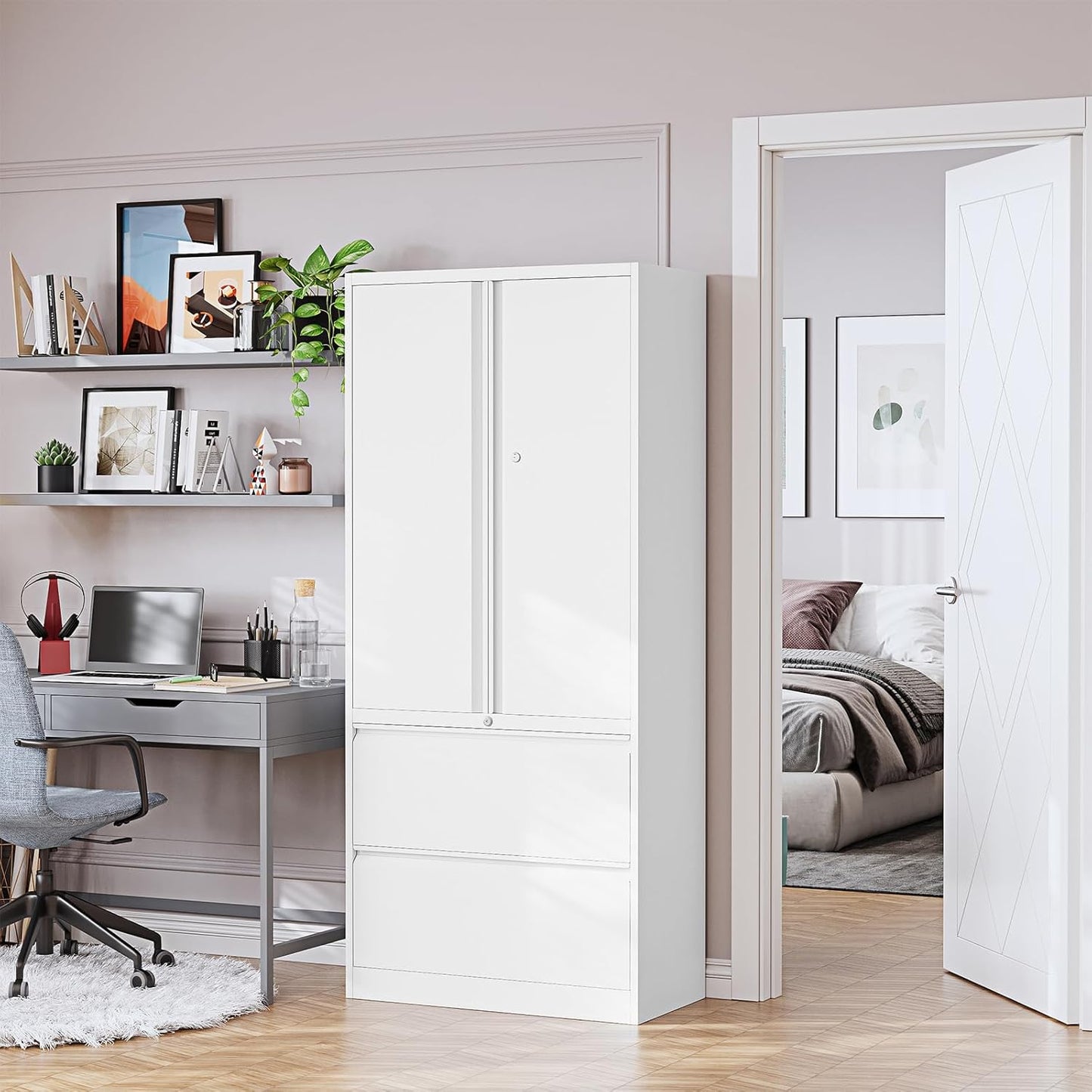 2-Drawer Metal File Cabinet, Lateral Vertical Filing Cabinets for Home Office, Locking File Cabinet with Storage Shelves, Legal/Letter/A4 Size (White, Assemble Required)