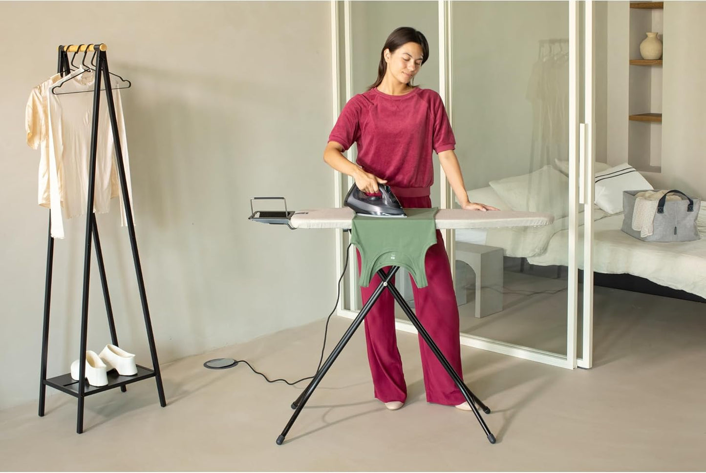 Brabantia Size A Compact Small Ironing Board (43x12 in) 7 Height Options, Adjustable Steam Iron Rest Holder (Denim Gray) Non-Slip Feet, Anti-Collapse Child Locks