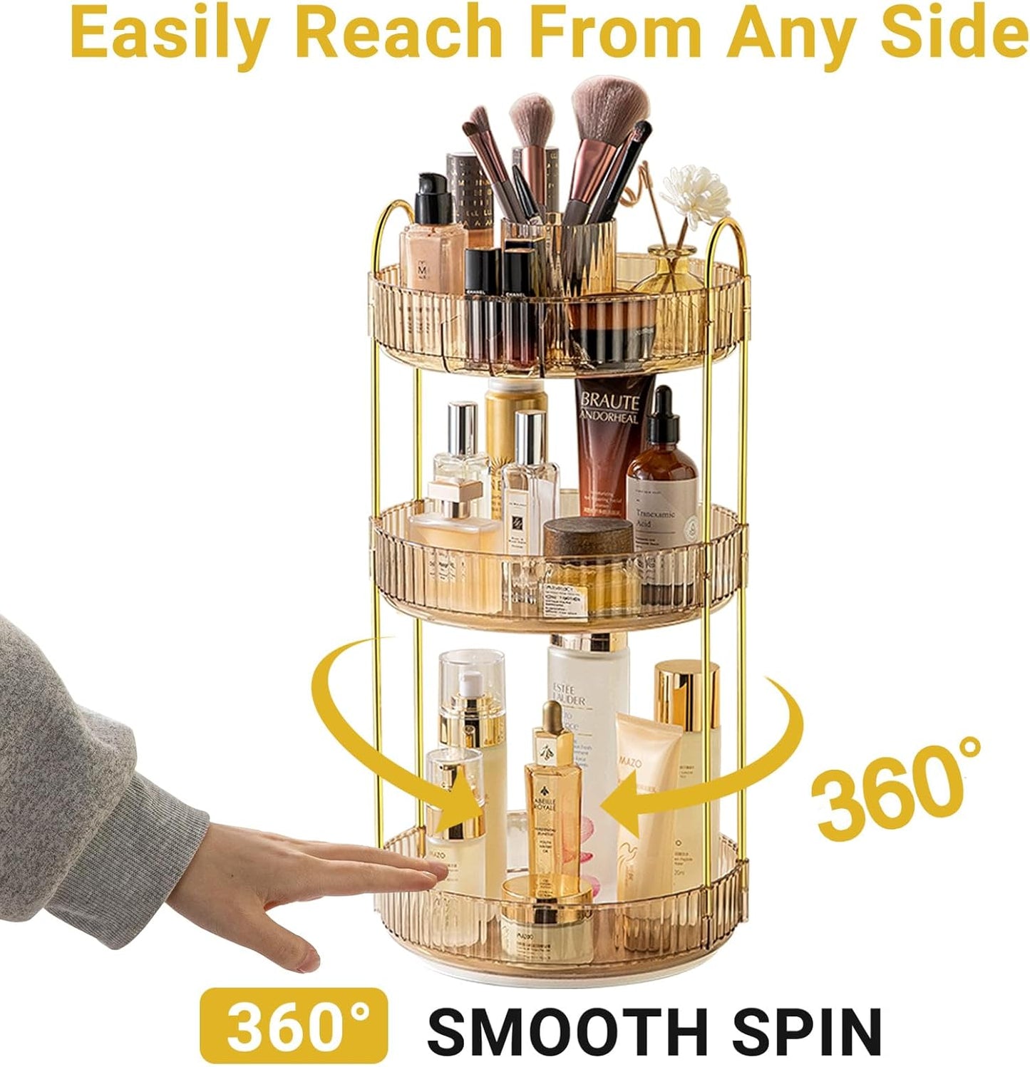 360 Rotating Makeup Organizer,3 Tier Large Capacity Make Up Organizers and Storage,Skincare Perfume Vanity Organizers,Bathroom Cosmetics Storage Organizer Countertop(Gold)