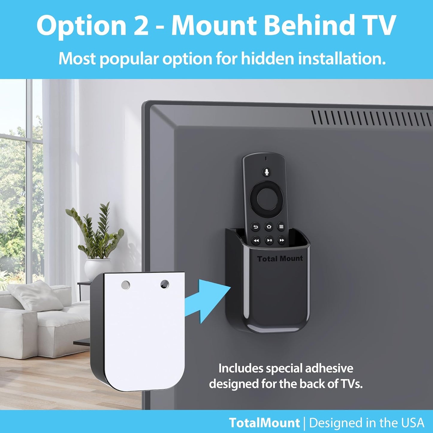 TotalMount Universal Remote Control Holders (2 Pack) – Attach to Wall or Back of TV – Compatible with All TV Remotes (Premium Black, Medium)