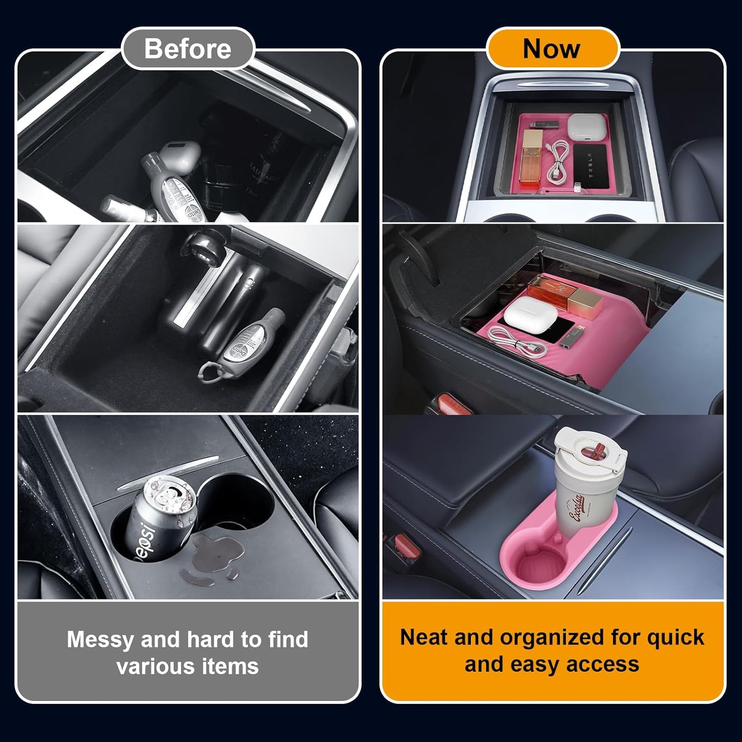 Center Console Organizer Tray 5PCS for Tesla Model Y Accessories 2024-2020(Not Fit Model Y Juniper), Armrest Storage Tray and Hidden Storage Box, Cup Holder Insert, Under Seat Storage Box