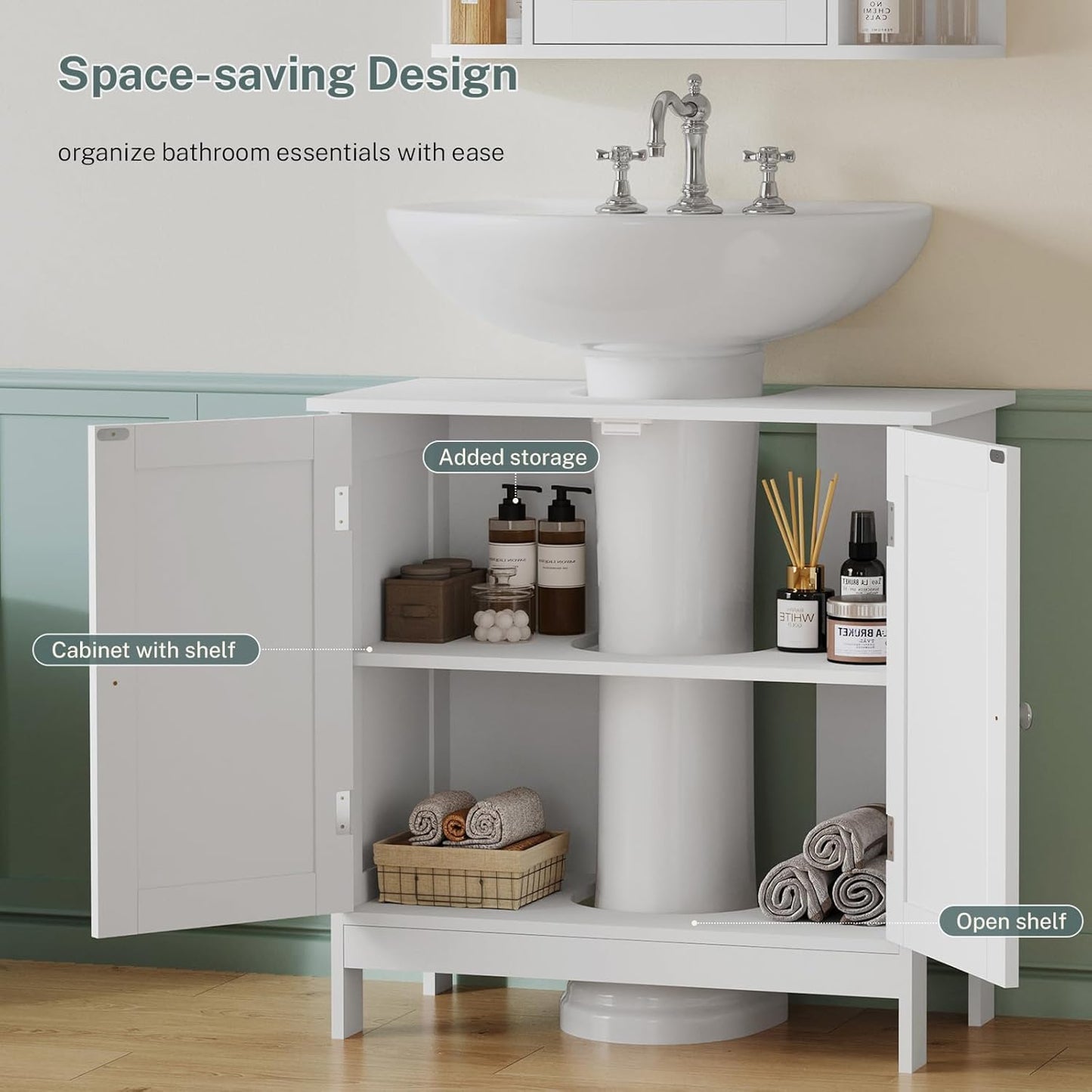 TEENFON Pedestal Sink Storage Cabinet, Under Sink Cabinet with 2 Doors & Shelf, Under Bathroom Sink Cabinet, Pedestal Sink Storage for Bathroom, White