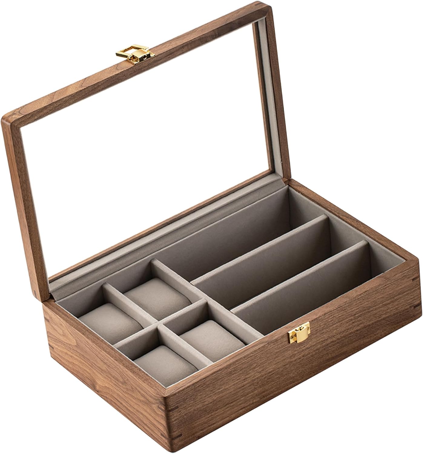Muso Wood 7 Slot Men's Walnut Watch Box with Glass Lid, Watch and Sunglasses Organizer, Father's Day Gift - Brown
