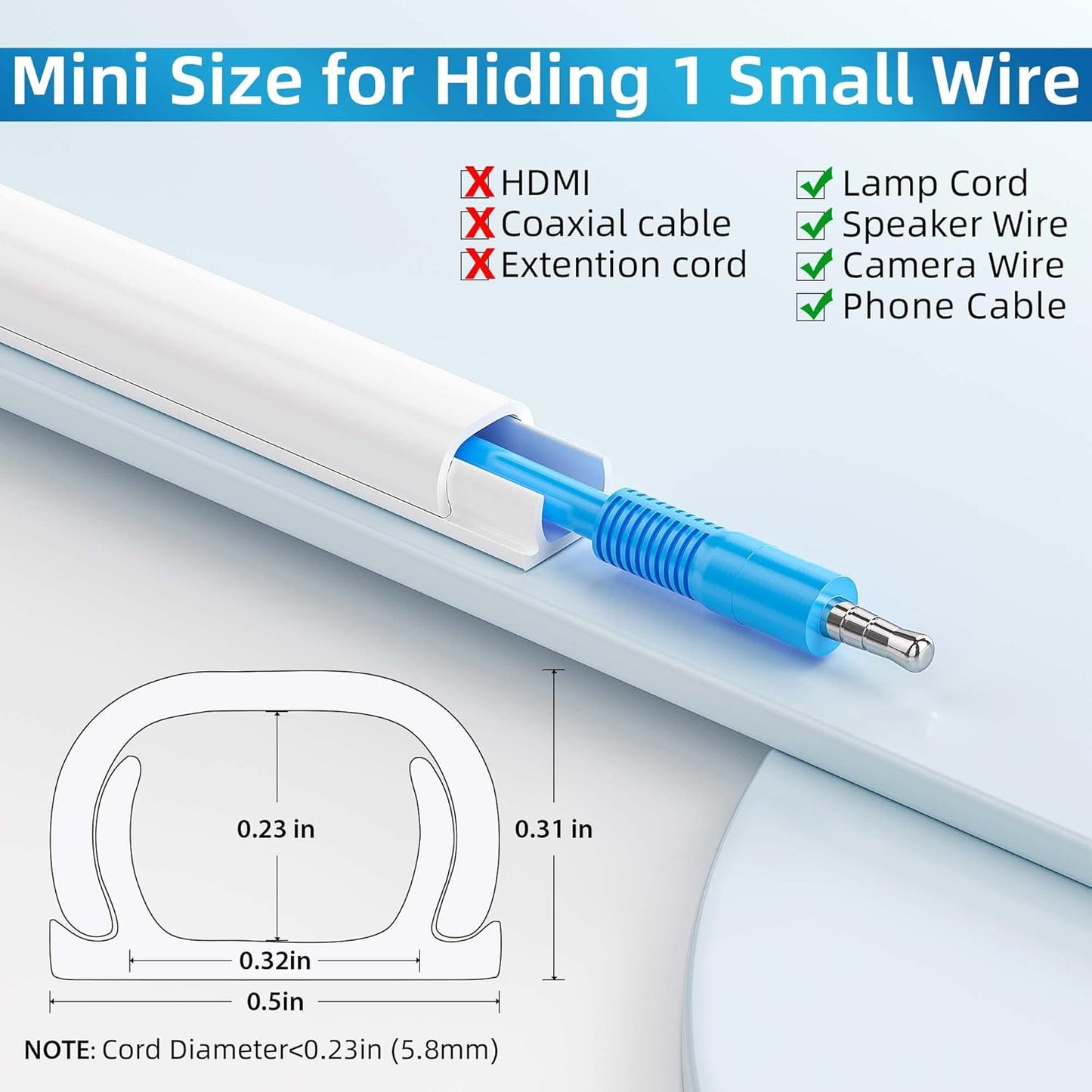 Yecaye 128in Mini Cord Hider for 1 Mini Wire, On-Wall Cord Cover Channel, Tape Wire Concealer, Cable Cover Cable Management for Home Office, W0.5in H0.31in, White