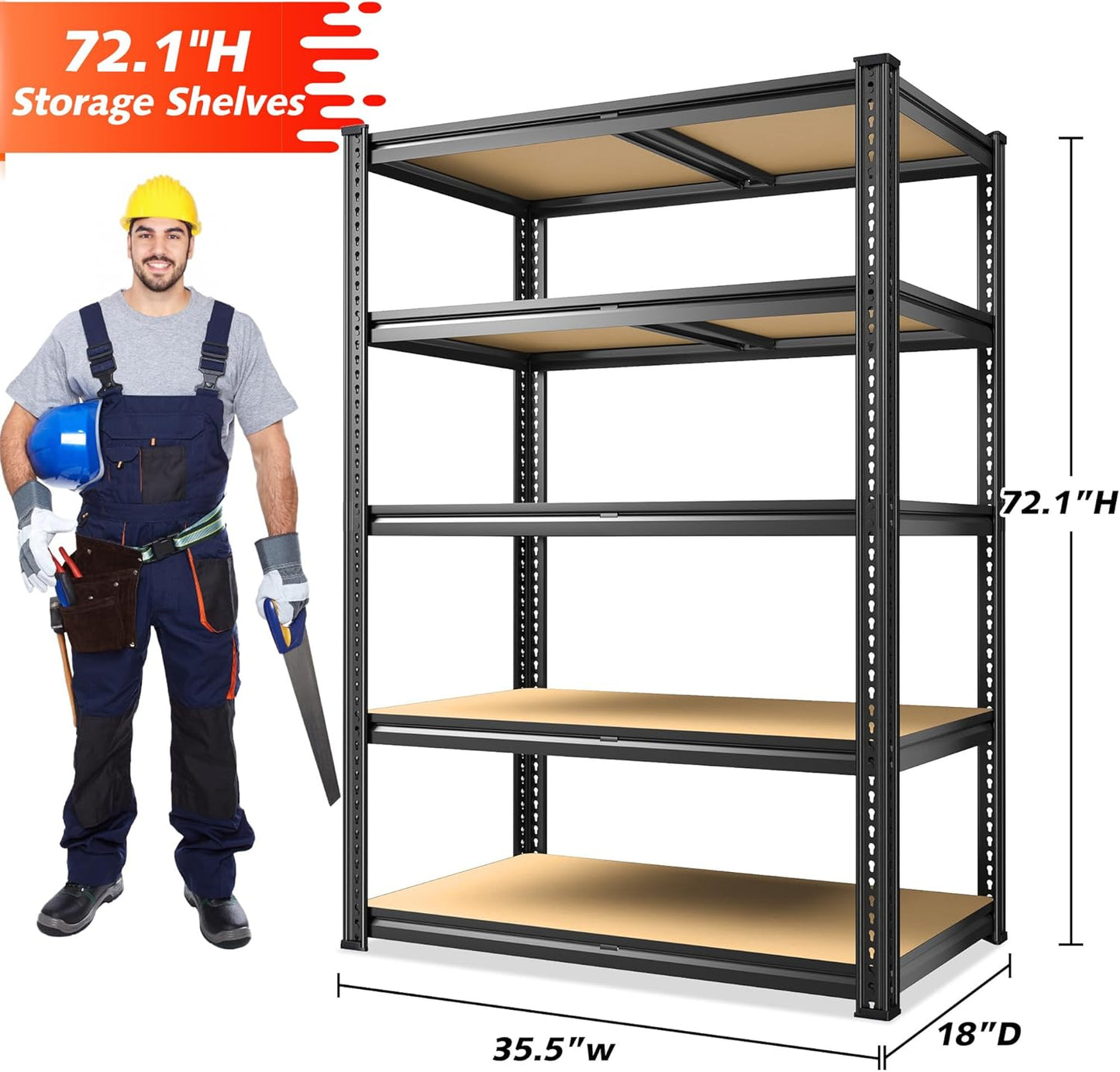 REIBII 72.1'' Storage Shelves 2250LBS Garage Shelving Heavy Duty 5 Tier Heavy Duty Shelving Adjustable Metal Shelves for Warehouse Basement Kitchen Pantry, 72.1" H x 35.5" W x18 D, 1 Pack