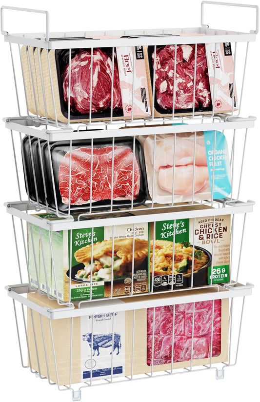 iSPECLE Deep Freezer Organizer Bins - 4 Pack Small Stackable Freezer Baskets for 7 Cu.ft Chest Freezer, Easy Access Food No More Digging, Sturdy Metal Metal Wire Basket Not Scratch Bottom, White