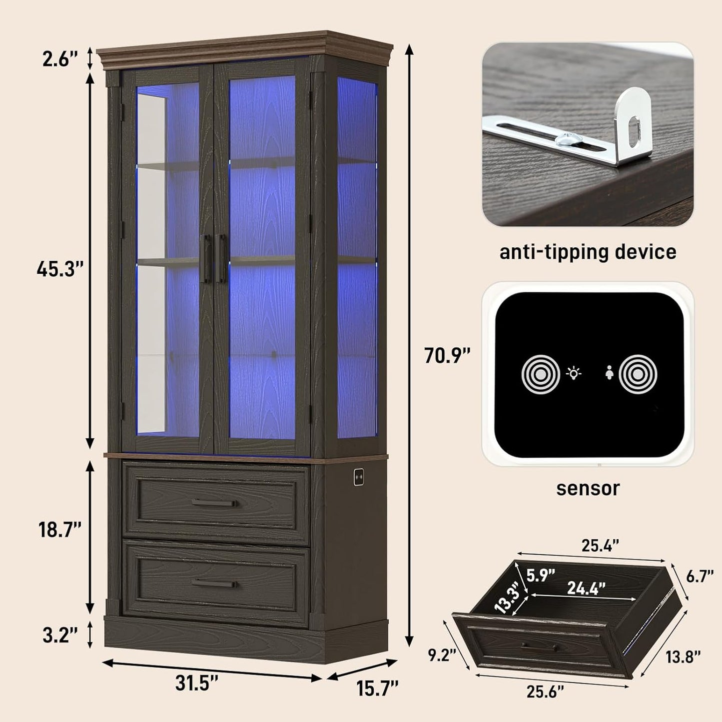 St.Mandyu 71" Tall Display Cabinet with Glass Doors, Curio Case with LED Sensor Lights and 2 Storage Drawers for Living Room, Home, Kitchen, Black