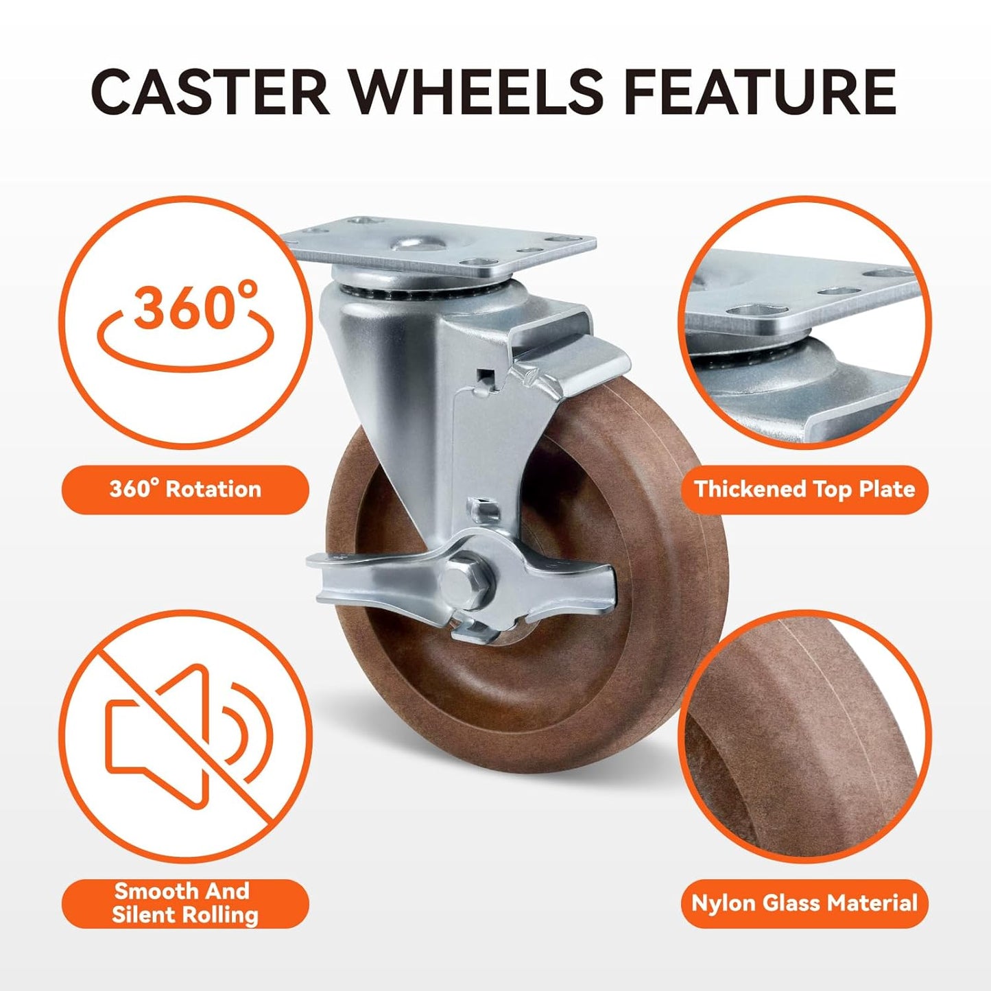 5" Hi-Temp Glass FiIled Nylon Casters, Heavy Duty Casters Set of 4, Industrial Caster Wheels for Commercial Kitchen, Bakery - 2800 lbs Capacity(2 Brake & 2 Rigid)