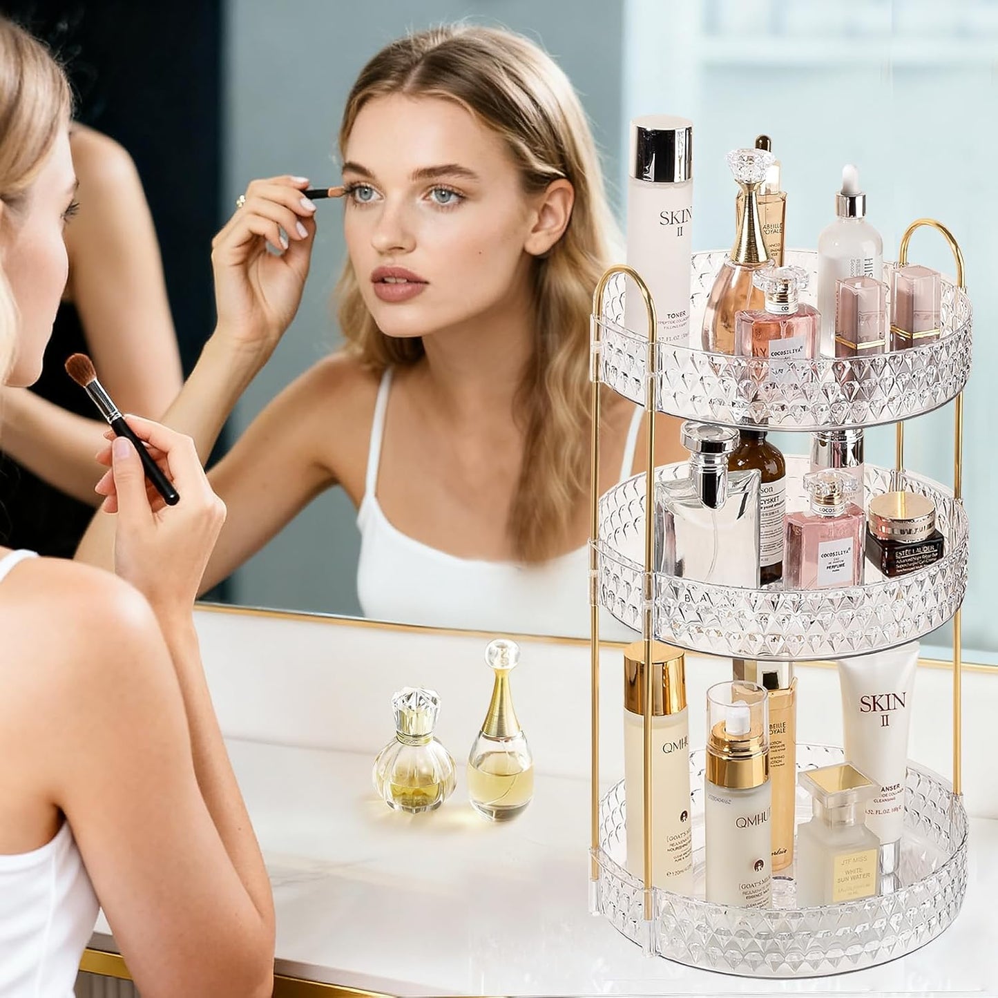 Rotating Makeup Organizer for Vanity, 3 Tier Perfume Skincare Storage for Women, Bathroom Counter Organizer, 360 Spinning Cosmetic Holder for Dresser Countertop, Clear