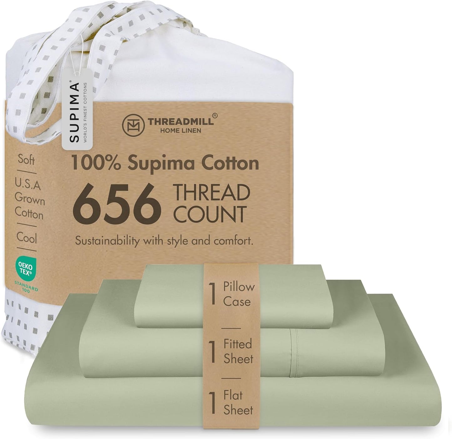 Threadmill Twin Sheet Set | 656 Thread Count 100% Supima Cotton Sheets for Twin Mattress | Solid Sateen Twin Bed Sheets Set with 16” Deep Pocket| Soft Breathable 3-Piece Cooling Sheet Set | Sage Green