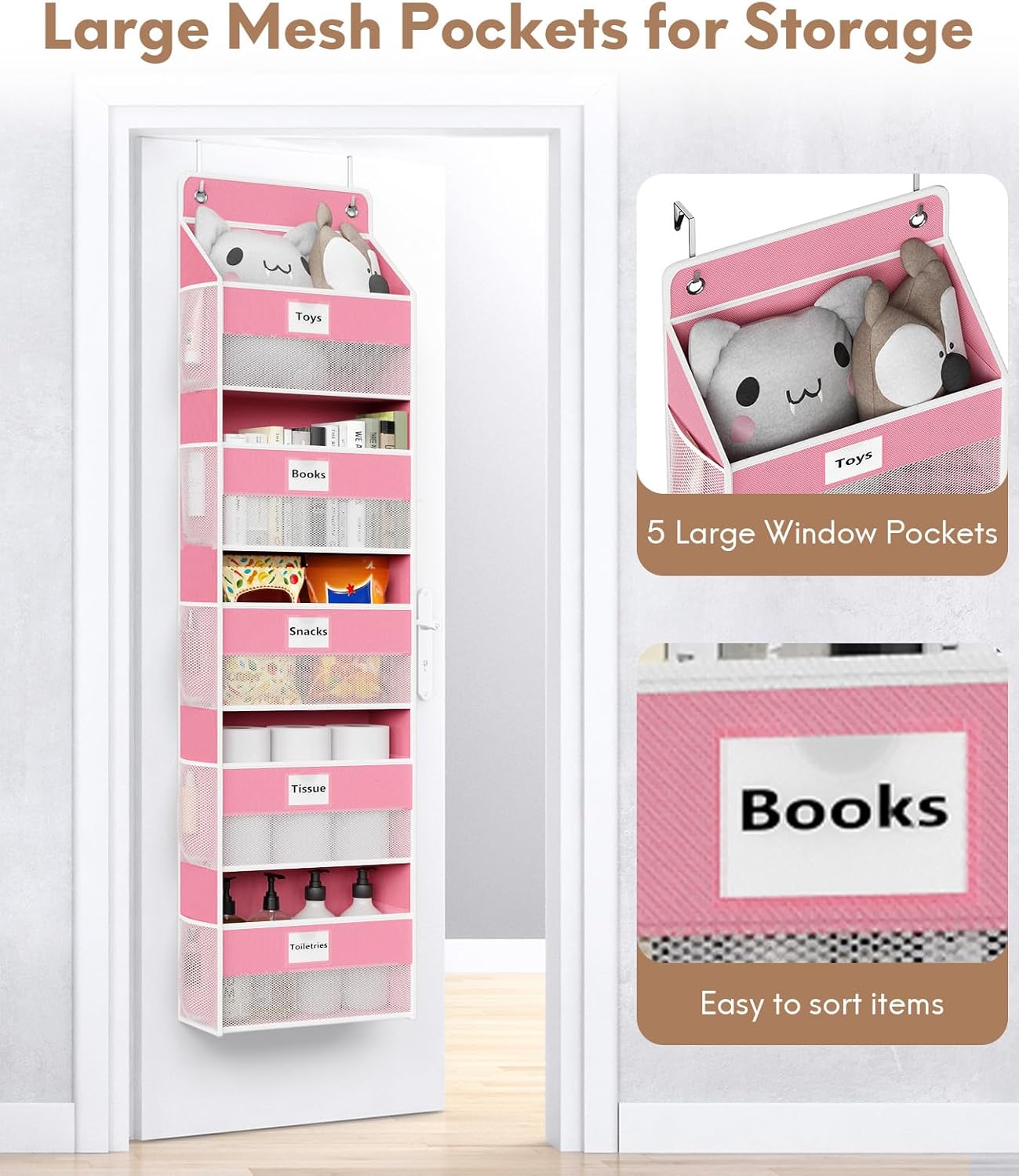 Over The Door Organizer Hanging, 5 Shelf Behind The Doors Storage, Pantry Door Organizer, Closet Organizers for Bedroom and Nursery (Pink)