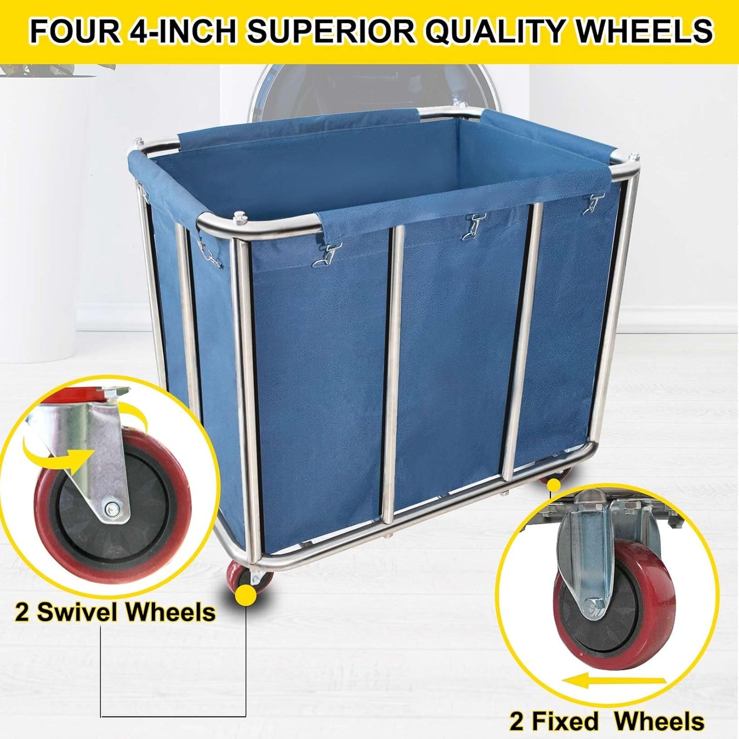 Commercial Laundry Cart with Wheels,11.35 Bushel Large Laundry Cart,Heavy Duty Stainless Steel Commercial Laundry Hampers Laundry Basket with Waterproof Lining,260 Lbs Load