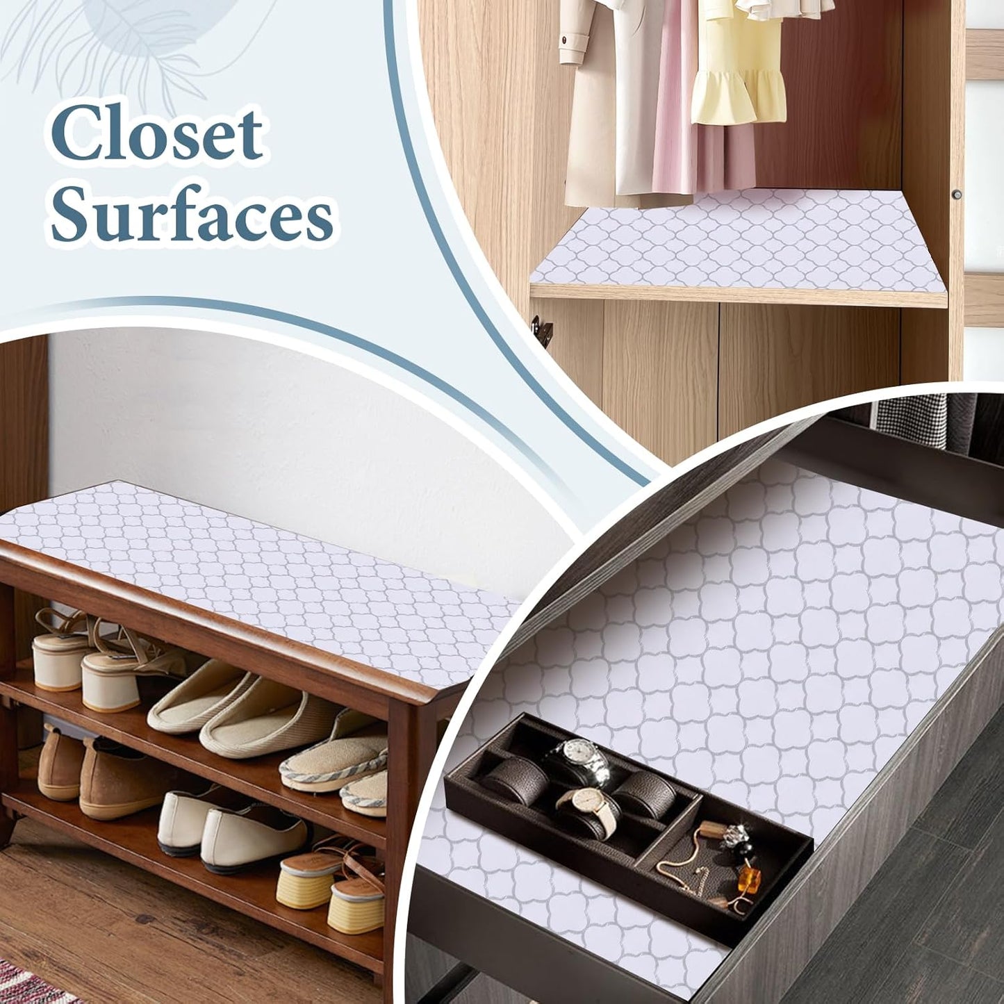 Shelf Drawer Liners for Kitchen Cabinets Non Adhesive Drawer Liner Thickened Refrigerator Liner Silver Quatrefoil Strong Non-Slip Paper for Tool Box with Knife and Tape Measure,11.8 x 118 Inches