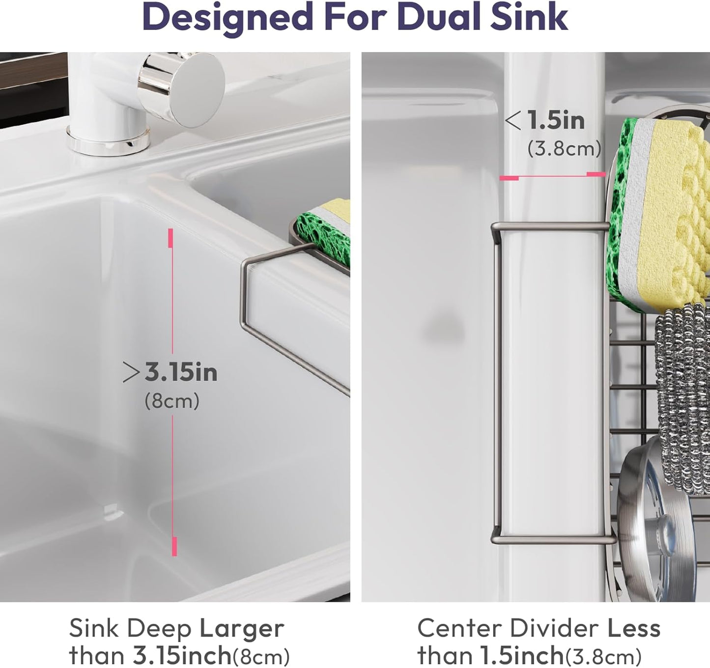 SWTYMIKI Sponge Holder for Kitchen Sink - Movable Kitchen Sink Caddy with M Hook Stainless Steel Hanging Sponges Caddy Organizer in Double Bowl Sinks Depth>3.15in, Middle Divider<1.5in, Sand Nickel L
