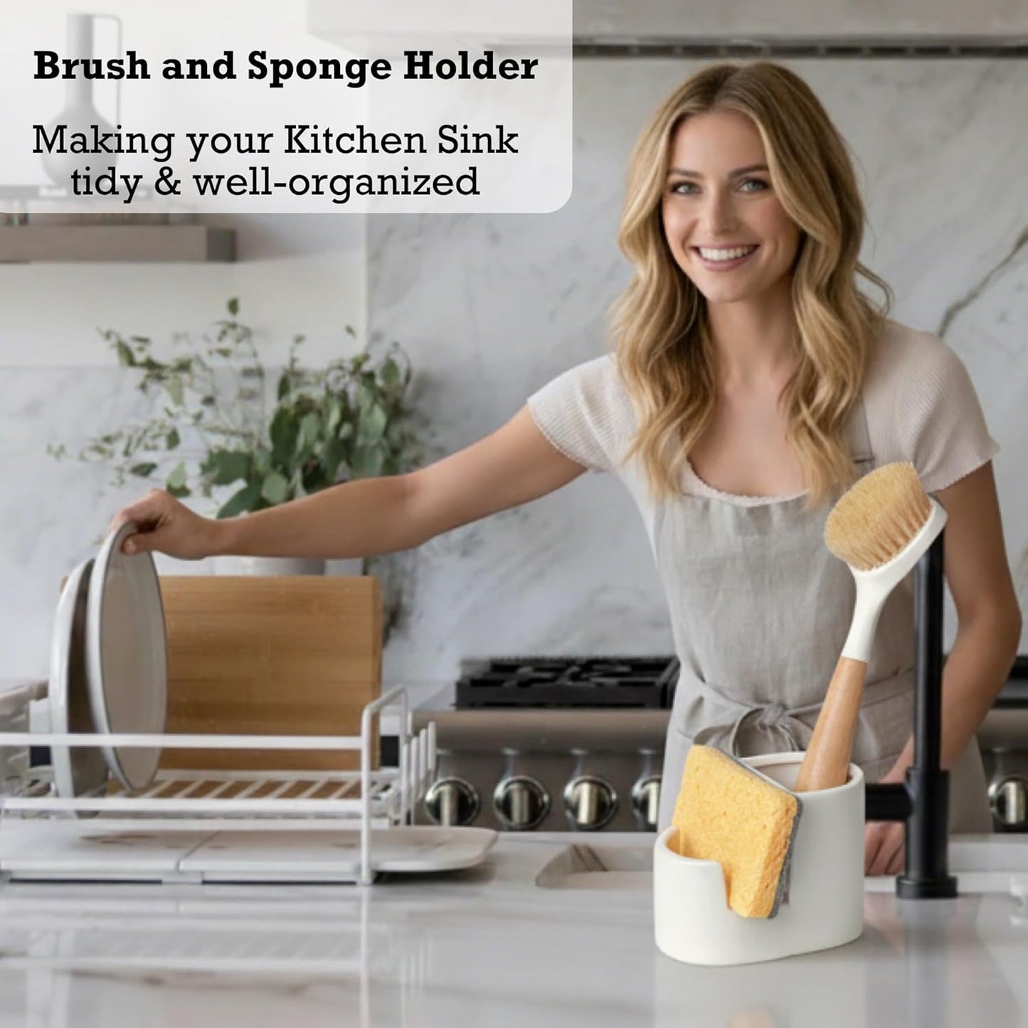 2-in-1 Ceramic Sponge Holder,Dish Sponge and Brush Holder for Kitchen Sink,Bathroom, Keeps Sponges, Brush and Countertop Drying&Hygienic, Dishwasher Safe, Rust-Proof, White
