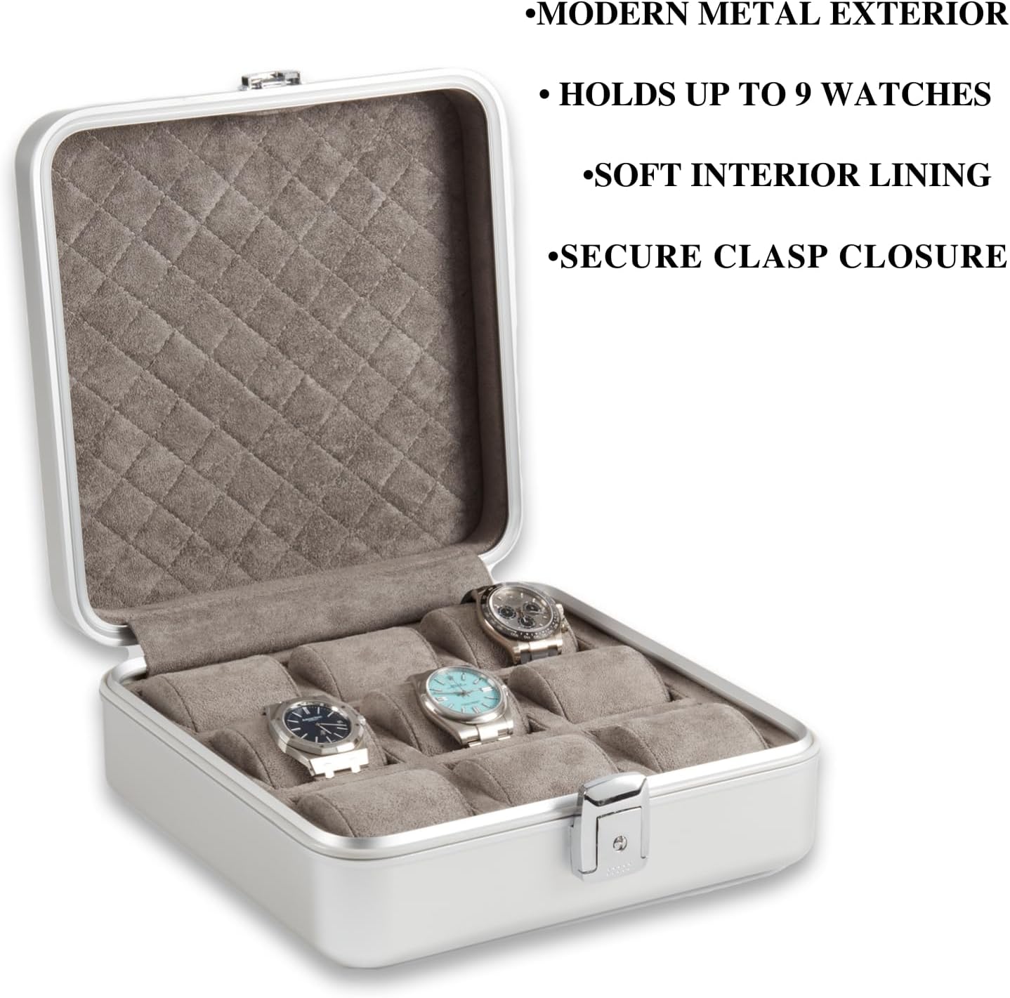 Bey-Berk Personalized Prague Aluminum 9-Slot Watch Case (Silver), Locking Travel Metal Watch Box with Quilted Interior, 9.75" x 3" x 10.25"