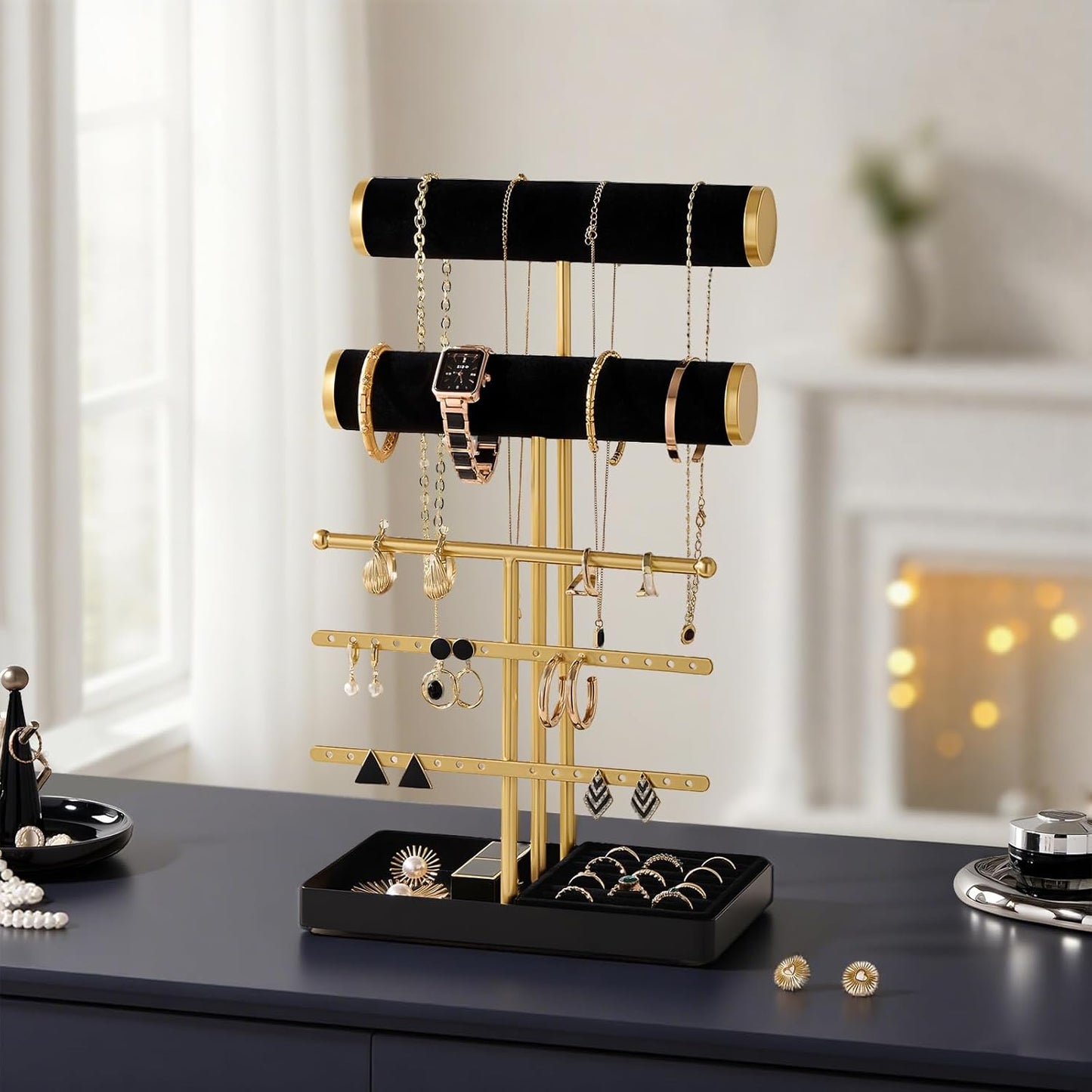 Lolalet Bracelet Display Stand Necklaces Holder, 5 Tiers Jewelry Organizer and Storage Rack with Velvet Slot and Metal Base, for Women Bangles Watches Ring Earrings -Black