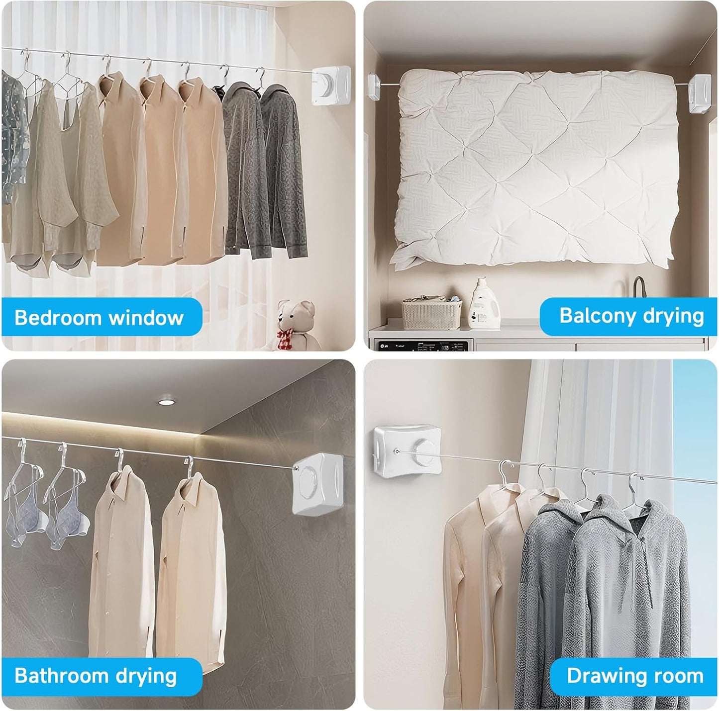 Retractable Outdoor Clothes Line,Heavy Duty Clothes Drying Laundry Line Wall Mounted Stainless Steel Line-16.7 Feets-White