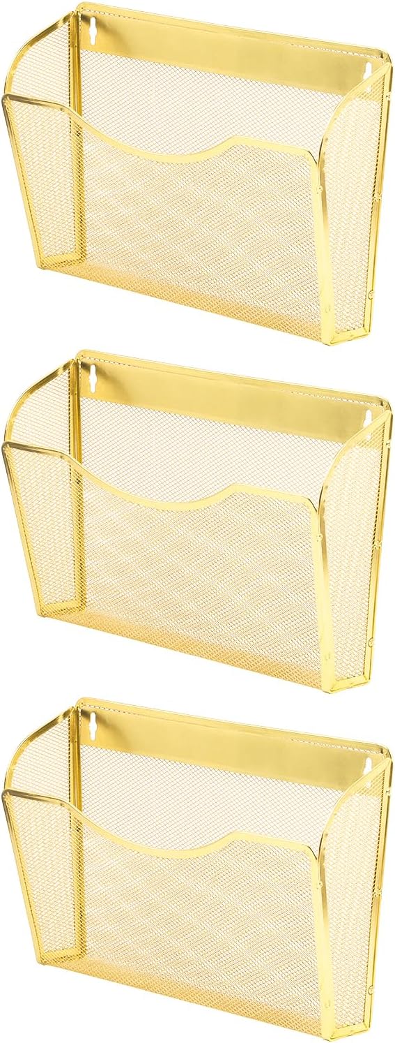 EASEPRES 3 Single Pocket Mesh Hanging File Organizer, Vertical Wall Mounted Magazine File Holder, Mount Basket Mail Paper Document Folder Organizing for Office, Home and School, Gold