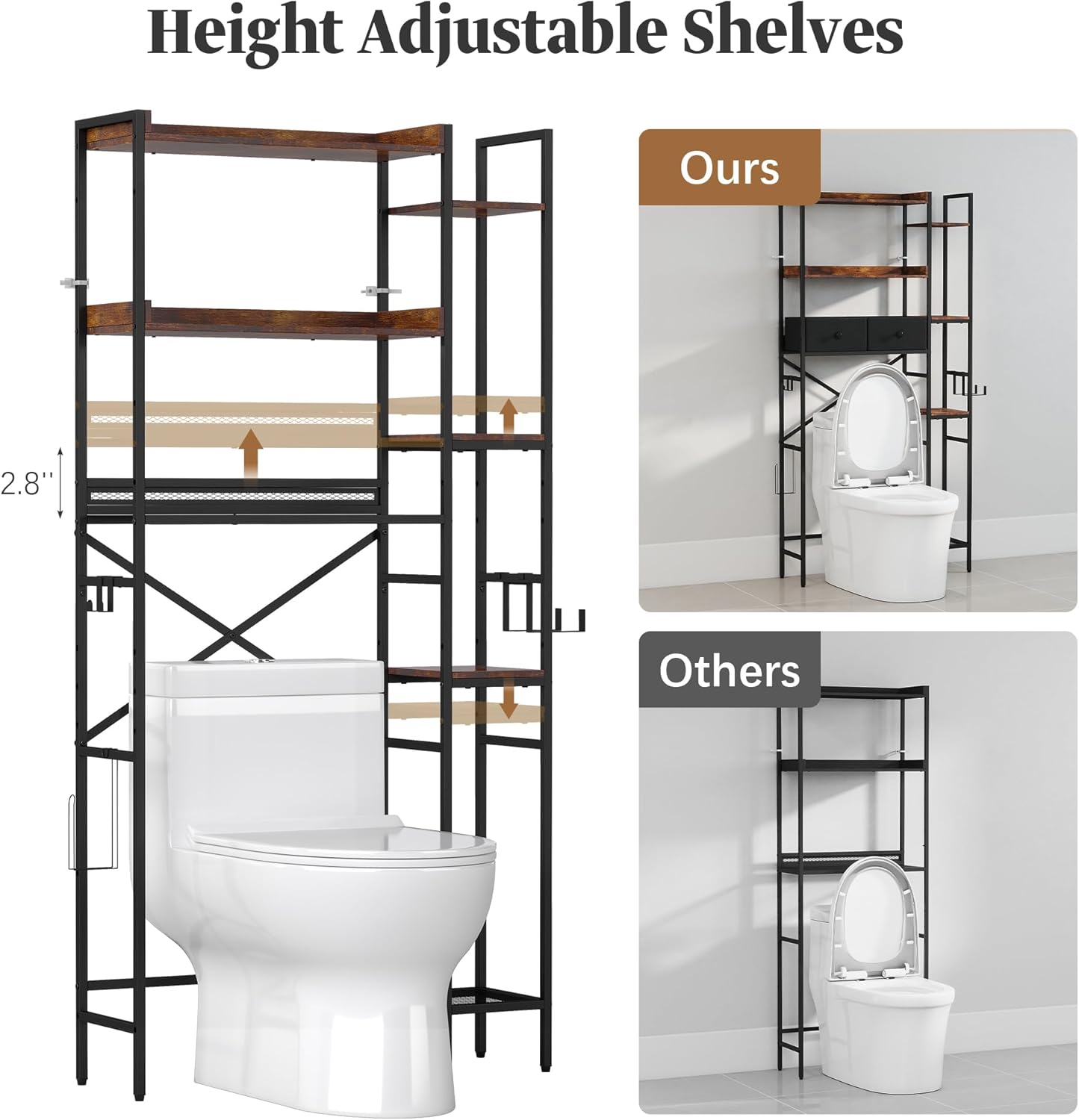 Over The Toilet Storage Shelf with Drawer, 3-Tier Above Toilet Bathroom Organizer with 4 Adjustable Side Shelves, Space Saver Freestanding Rack with Holder & Hook for Laundry Kitchen (Brown)