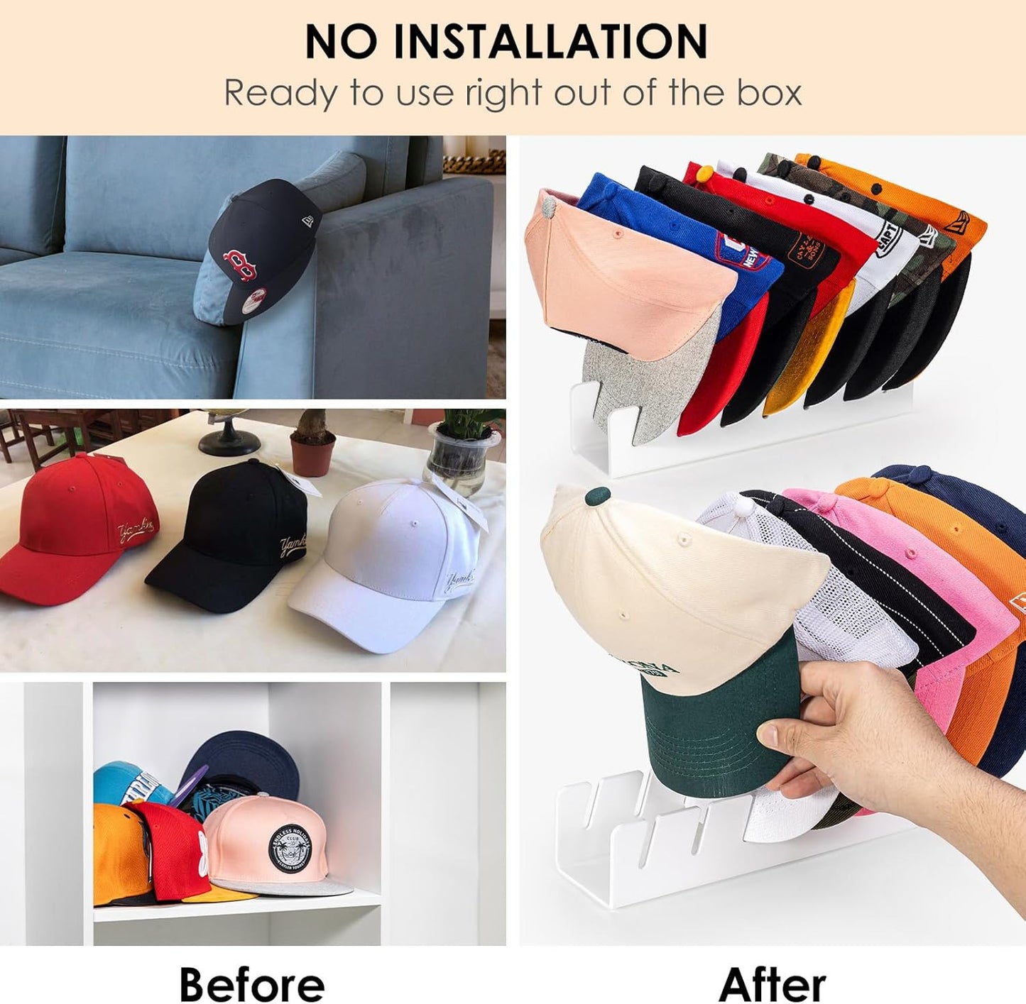 HAYVAN Hat Organizer for Baseball Caps 2024 New 2 PCS, No Install Acrylic Hat Holder for 14 Baseball Caps for Bedroom, Closet, Dresser (White)