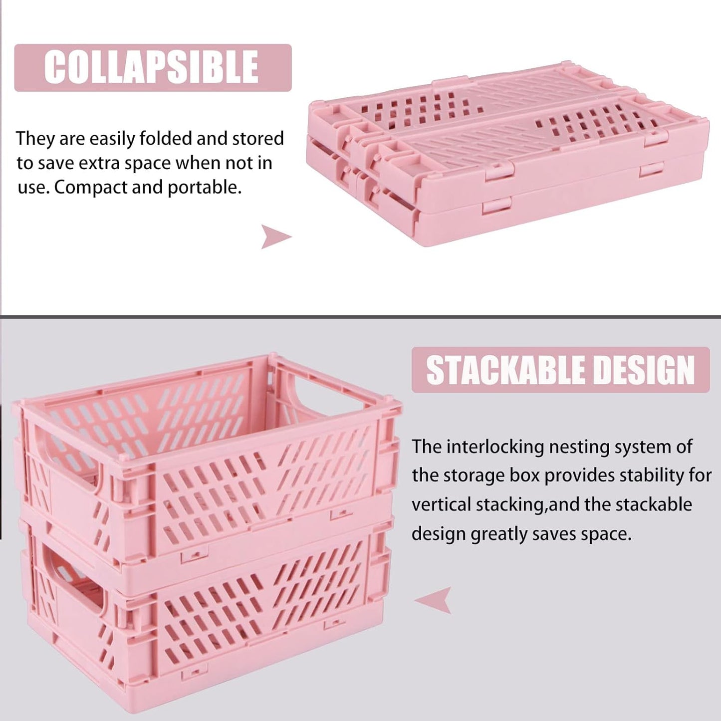 Tixill 2-Pack Mini Foldable Plastic Baskets for Organizing and Storage, Collapsible Storage Crate for Home Kitchen Bedroom Bathroom Office (9.8x6.5x3.8, Pink)