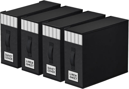 4 Pack Bed Sheet Closet Organizers and Storage,Sturdy Foldable Storage Containers with Window and Label,Storage and Organization for Bedding Sheets,Duvet Covers,Blankets (Black)