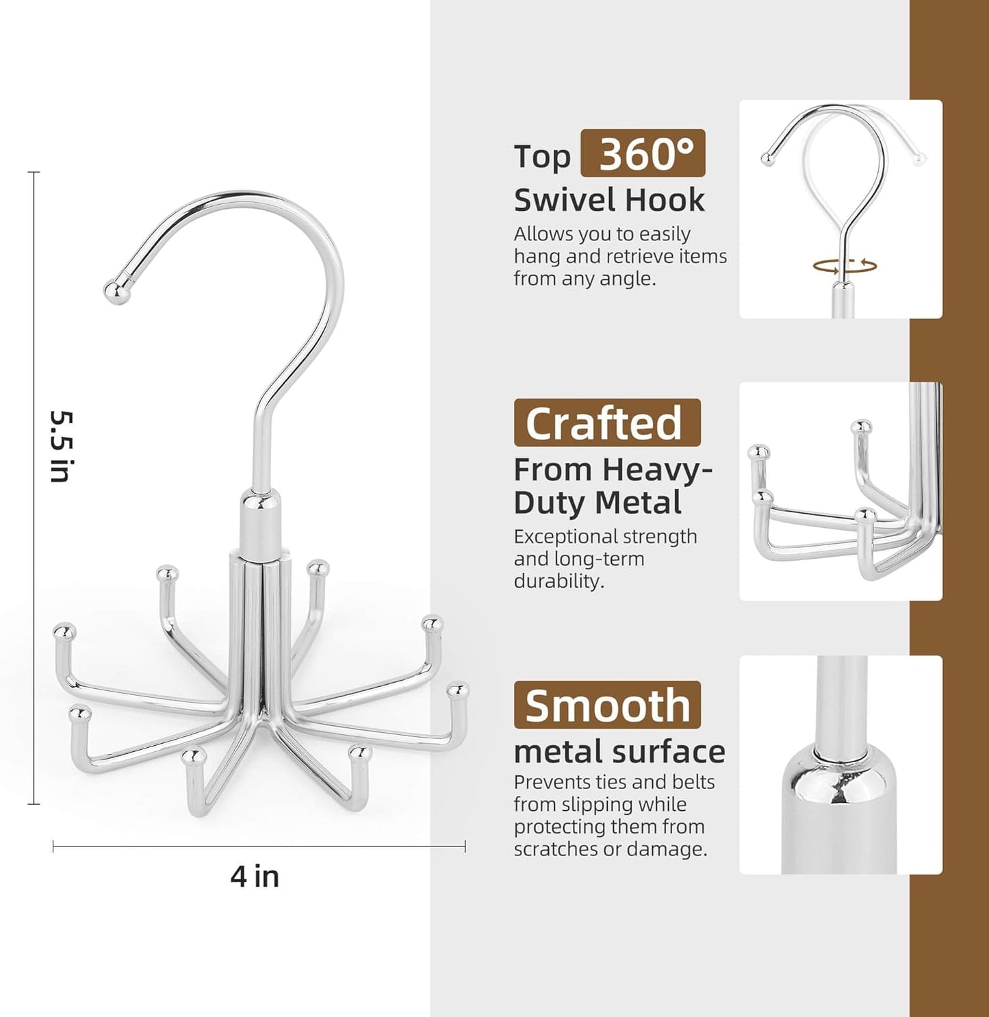 ZEDODIER Tie Hanger for Closet, 2 Pack Rotatable Tie Organizer for Men with 8 Hooks, Heavy Duty Space Saving Tie Rack for Ties and Belts, Silver