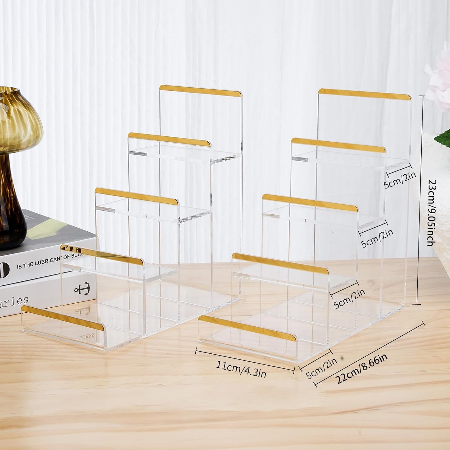 Purse Display Stands, 2 Pack 4-Tier Acrylic Wallet Holder Risers Stand, 2-Inch Spacing Clear Clutch Rack Handbag Display Shelf, 4MM Thick Counter Wallet Organizer for Figure Sunglasses Retail Vendor