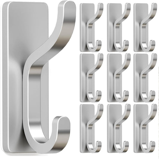 pickpiff 10-Pack Adhesive Wall Hooks for Towel: Modern Silver Hooks Hold 13 LB, Sticky Door Hanger Hanging Coats, Bags, Backpack, Purses - Bathroom,Kitchen, Dorm, RV, Shower - Stainless, Metal