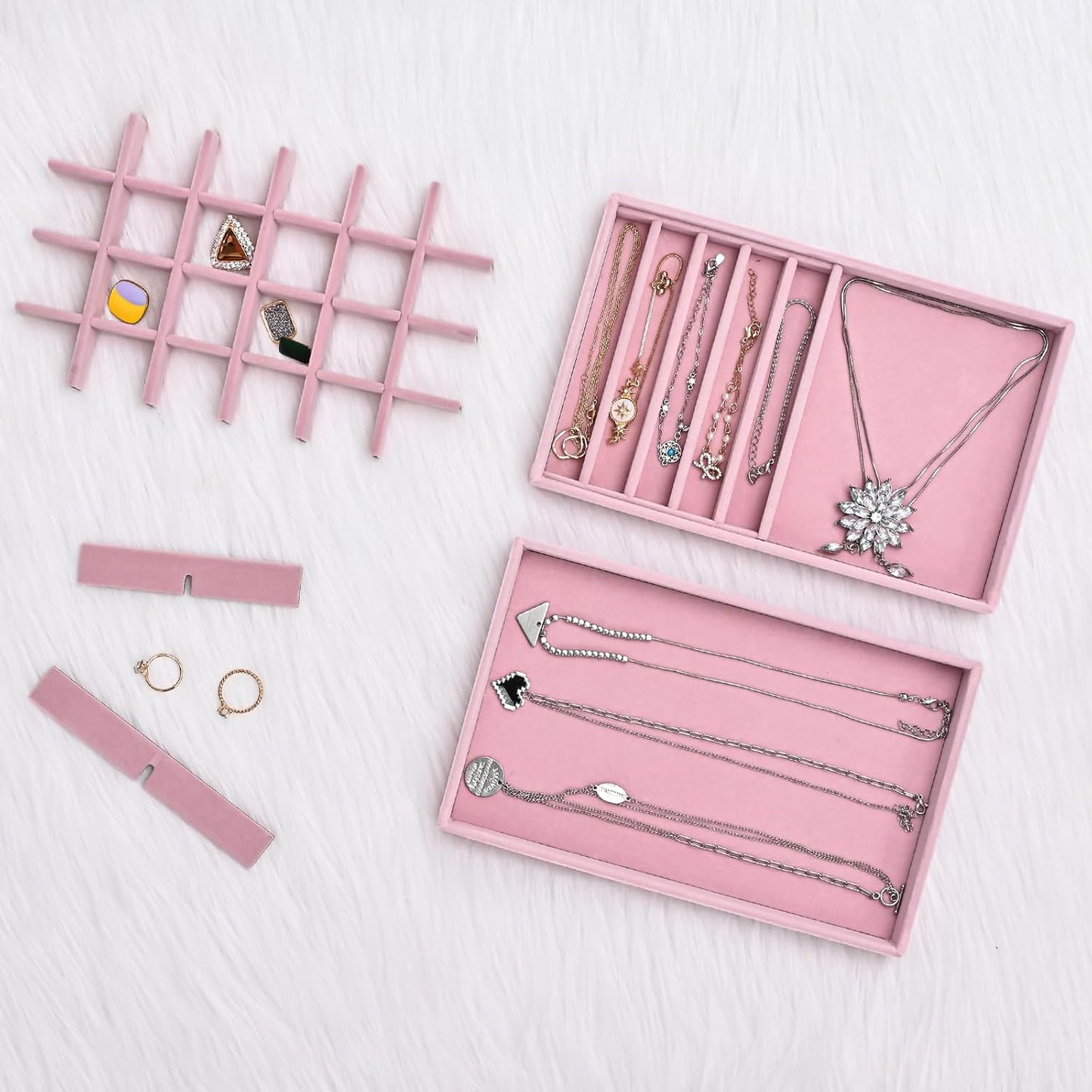 ProCase Stackable Jewelry Organizer Trays for Drawers, Jewelry Drawer Inserts Container Display Case Storage for Earring Necklace Rings Bracelet with Removable Dividers -Dustypink, 4 Layers