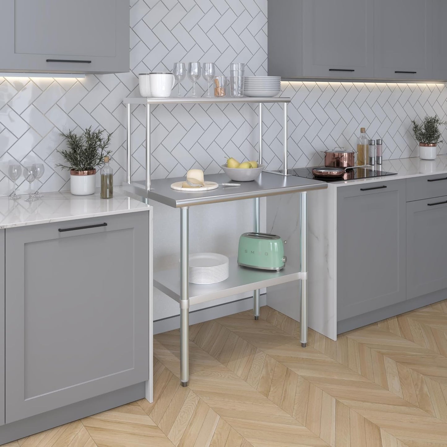 Stainless Steel Work Table with Wide Single Tier Overshelf | Metal Kitchen Prep Table & Shelving Combo (24" x 36" Work Table + 12" Overshelf)