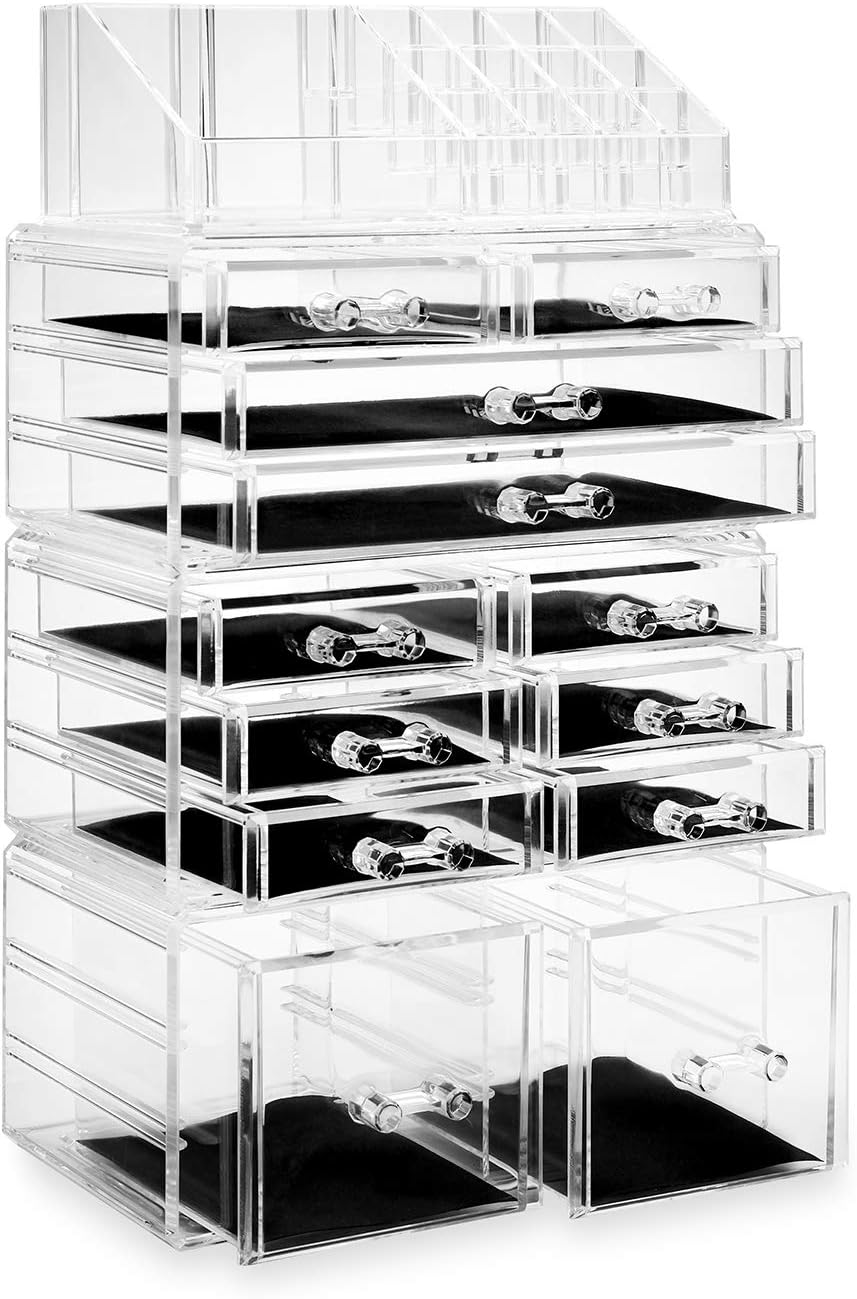 Casafield Acrylic Cosmetic Makeup Organizer & Jewelry Storage Display Case - Large 16 Slot, 2 Box & 10 Drawer Set - Clear