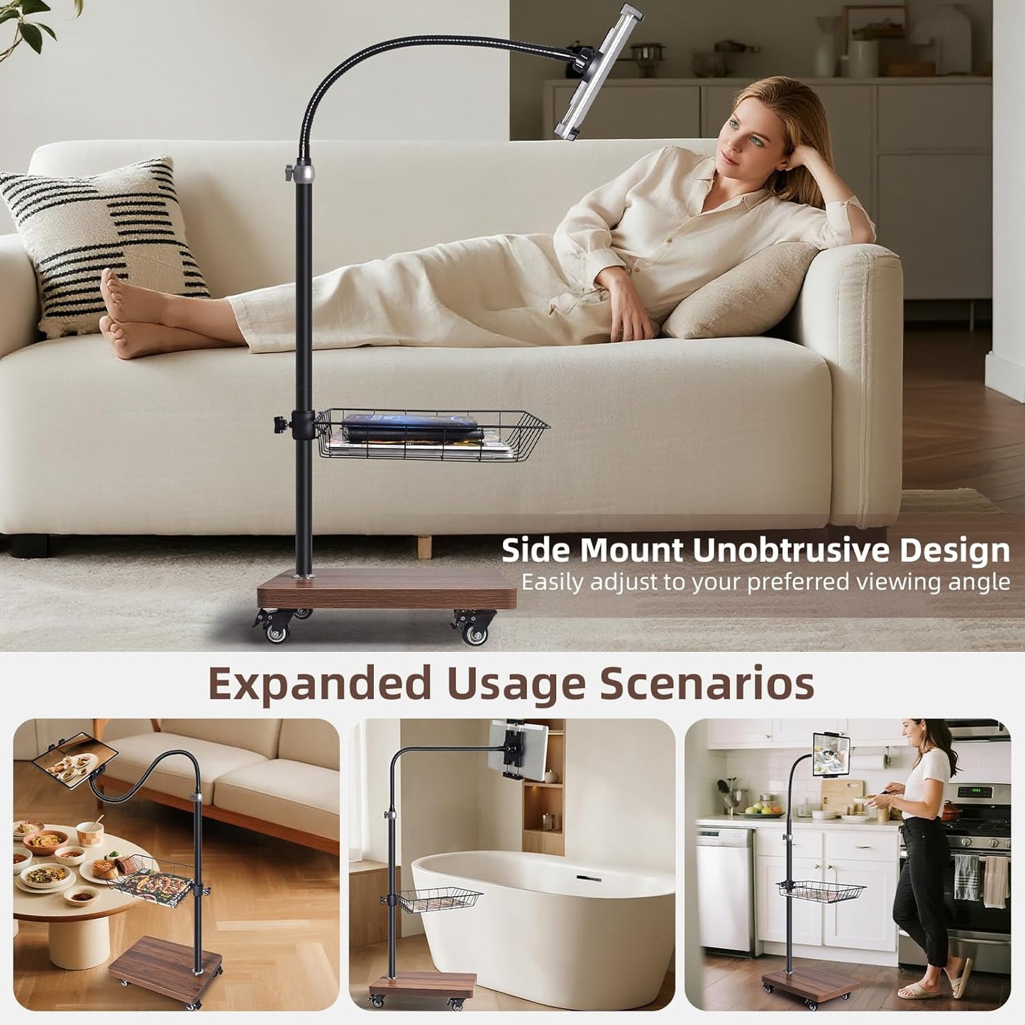 wishacc Adjustable Floor Tablet Stand with Rolling Base, Flexible Gooseneck Mount, Wood Platform, Mobile Device Holder for Indoor Use