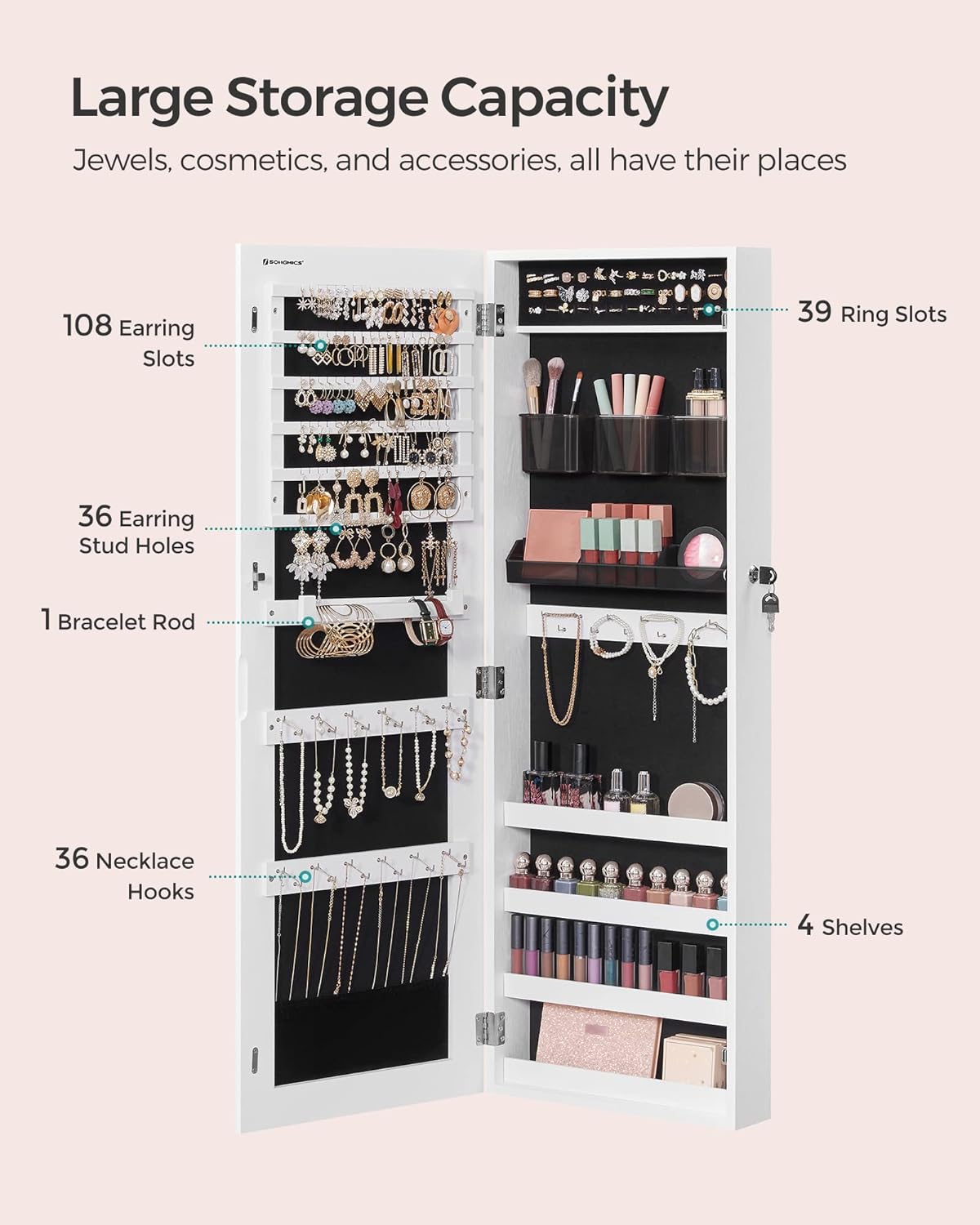 SONGMICS Jewelry Cabinet Armoire, Lockable Wall-Mounted Organizer Unit with 2 Plastic Cosmetic Storage Trays, Full-Length Frameless Mirror, Christmas Gift, White UJJC001W01