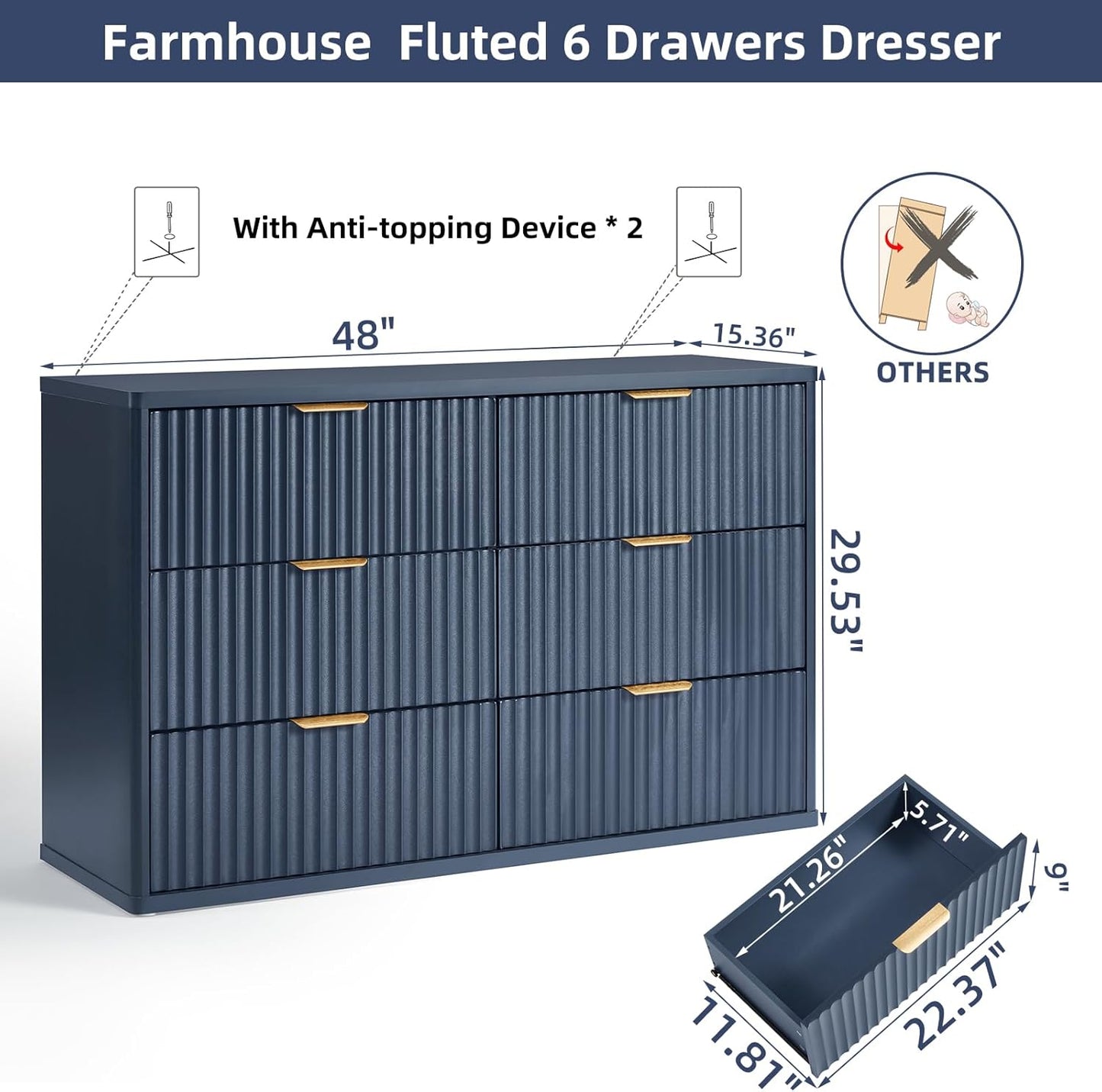 LEYAOYAO Fluted 6 Drawers Dresser Set of 2, 48" Wide Modern Chest of Drawers with Wood Grain Top, Curved Profile Design, Dresser TV Stand, Wooden Drawer Organizer for Bedroom, Living Room,Hallway,Blue