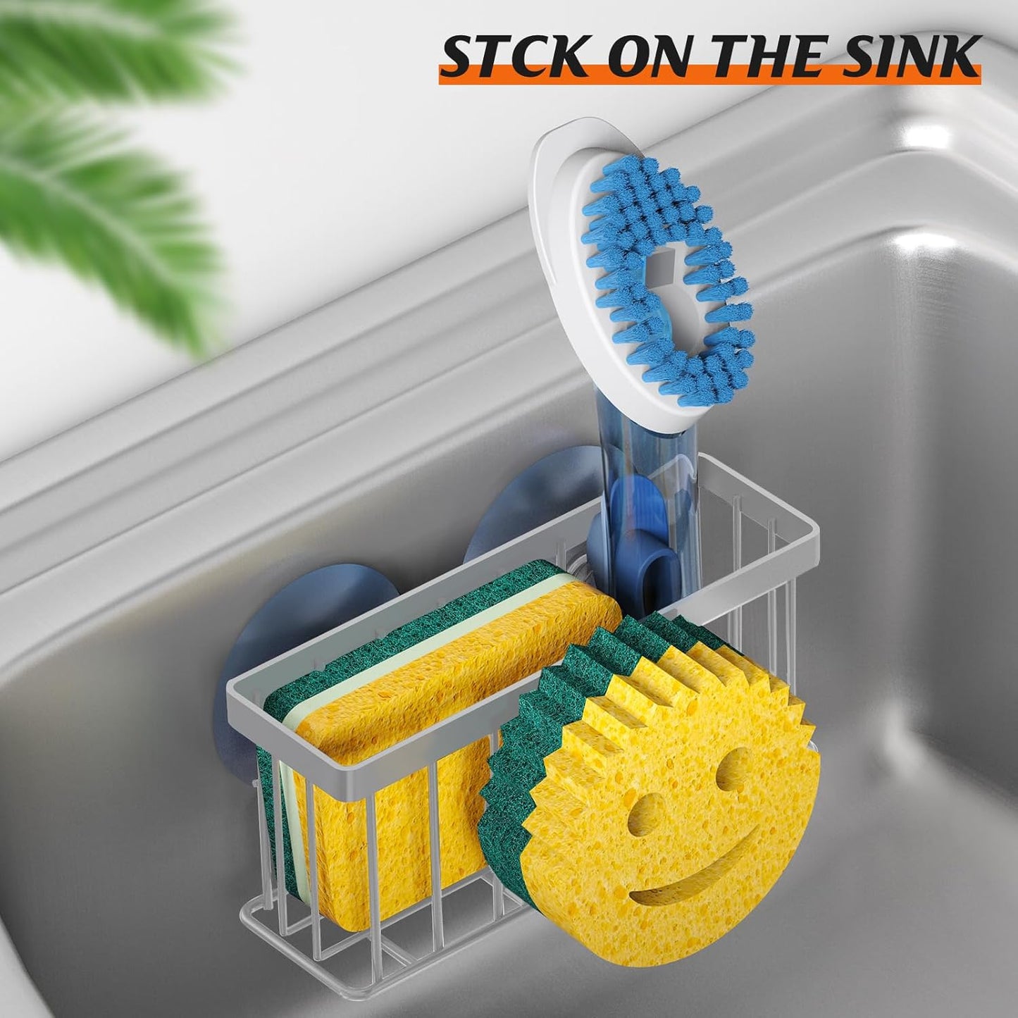 Sponge Holder Smiley Face,Sink Caddy,Kitchen Organizer with 2 Suction Cups/1 Adhesive Strips,Designed for Sponge,Soap,Dish Brush,Scrubber - Gray