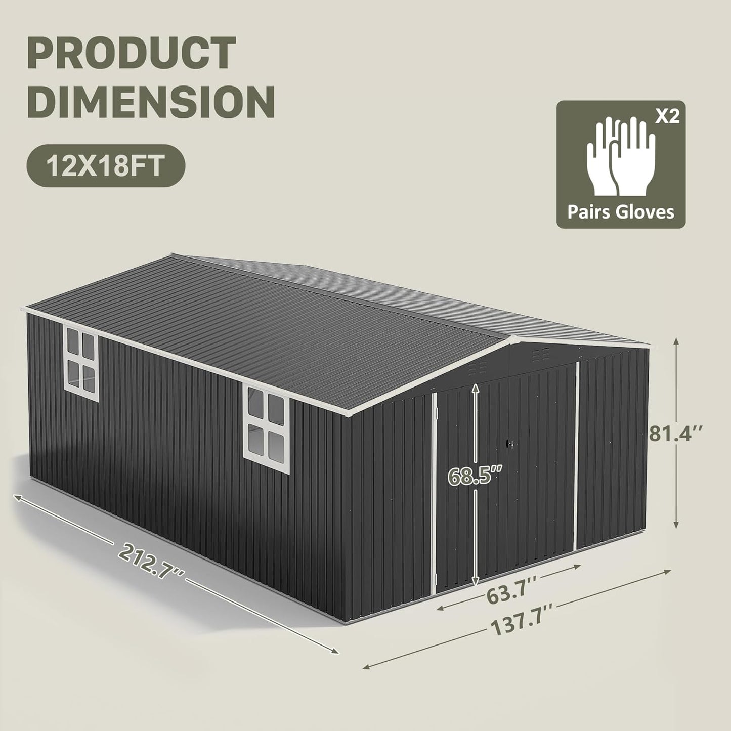 Polar Aurora 12x18 FT Outdoor Storage Shed, Garden Shed with Updated Frame Structure and Lockable Doors, Metal Tool Sheds for Backyard Garden Patio Lawn,Black