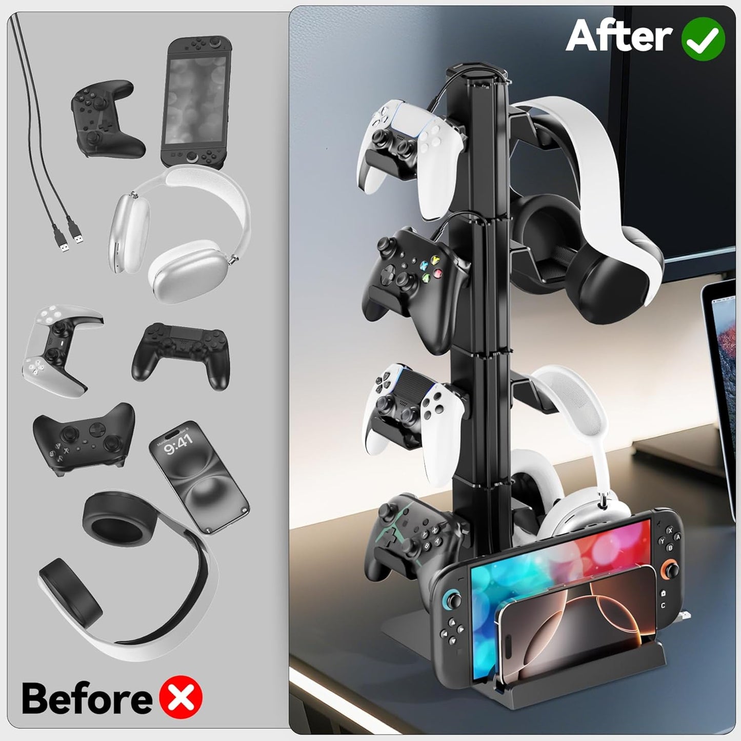 Gaming Headset & Controller Holder Stand for Gamer Gift, Gaming Headphone Desk Organizer Storage with Cable Hook for Xbox/ PS5/ PS4/ Controller, Nintendo Switch 1/ 2/ PS Portal Console/ Remote & Phone