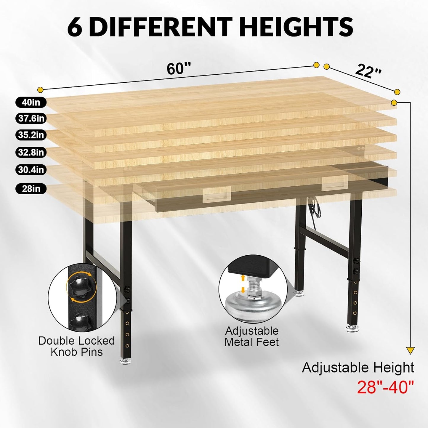 60" Workbench with Drawers, Adjustable Height Work Table, 2000 LBS Heavy-Duty, Rubber Wood, Black, Steel