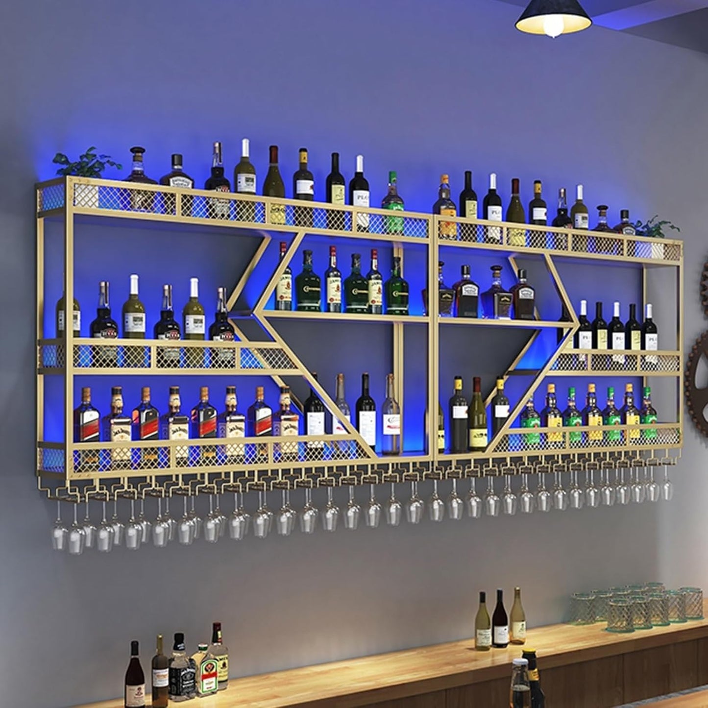 78.7in Wine Rack Wall Mounted, Modern Wine Storage Rack Wall Mounted with Wine Glass Holder, Liquor Shelf, Bar Shelves for Liquor Bottles (3TIERS Gold, 78.7 * 7.87 * 33.85INCH)