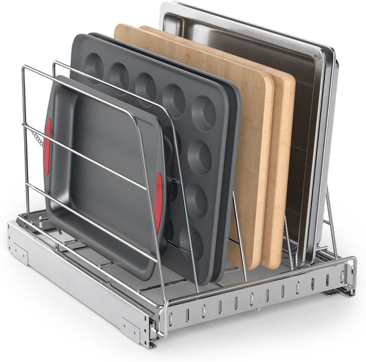 Pull Out Cabinet Organizer for Cutting Board, Cookie Sheet, Baking Sheet, Stainless Steel Sliding Rack for Bakeware & Trays, Heavy-Duty Cutting Board Organizer (12.9” x 16.5” (32.6 x 41.8 cm))