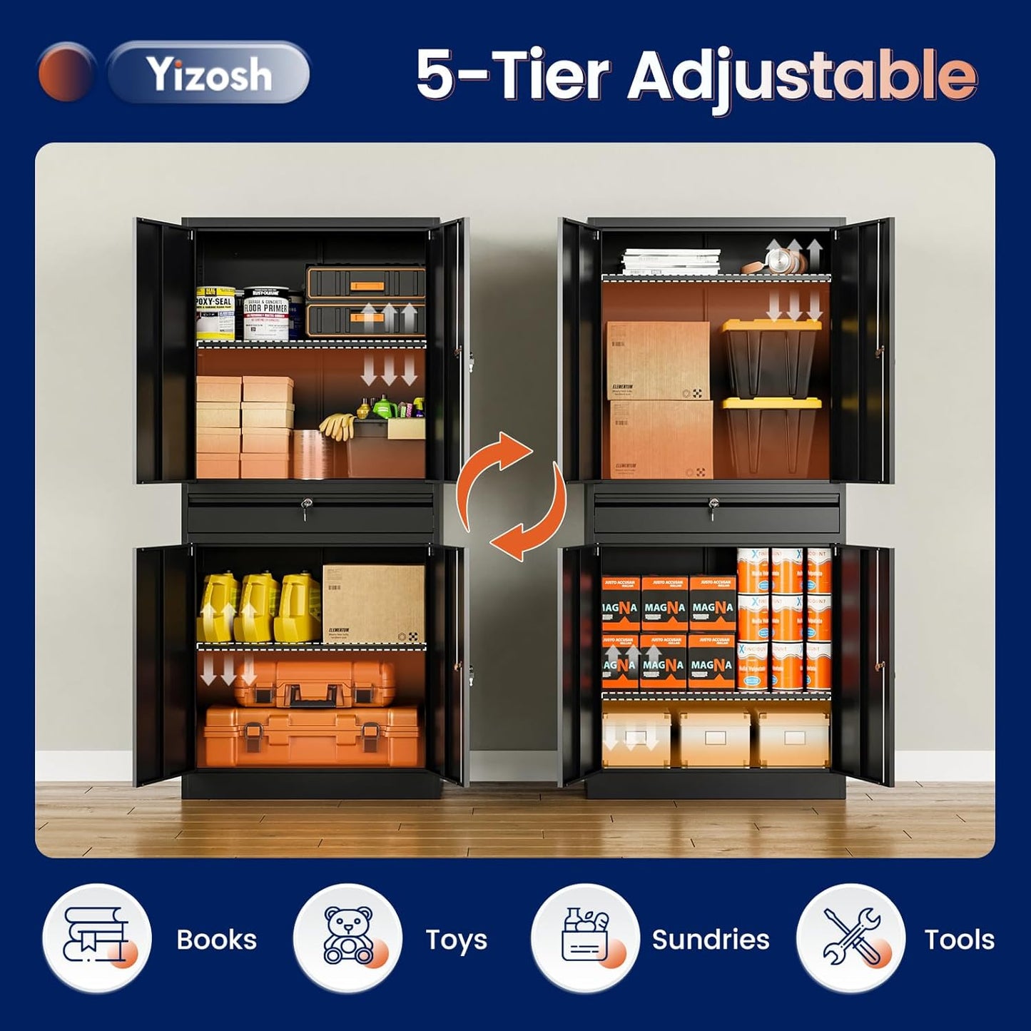 Yizosh Metal Garage Storage Cabinet with Locking Doors and Adjustable Shelves, 71" Tool Storage Cabinet with 1 Drawer for Garage,Warehouse (Black)