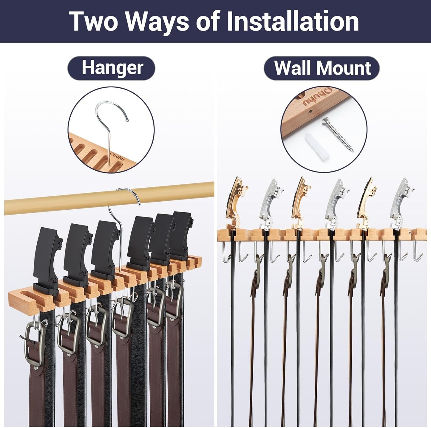 Belt Hanger Organizer for Closet: Ohuhu 2 in 1 Wall Mount Hanger 14 Slots+13 Hooks Storage Wooden Belt Organization 360 Degree Rotating Belt Display Holder for Belt Tie Scarf Accessories