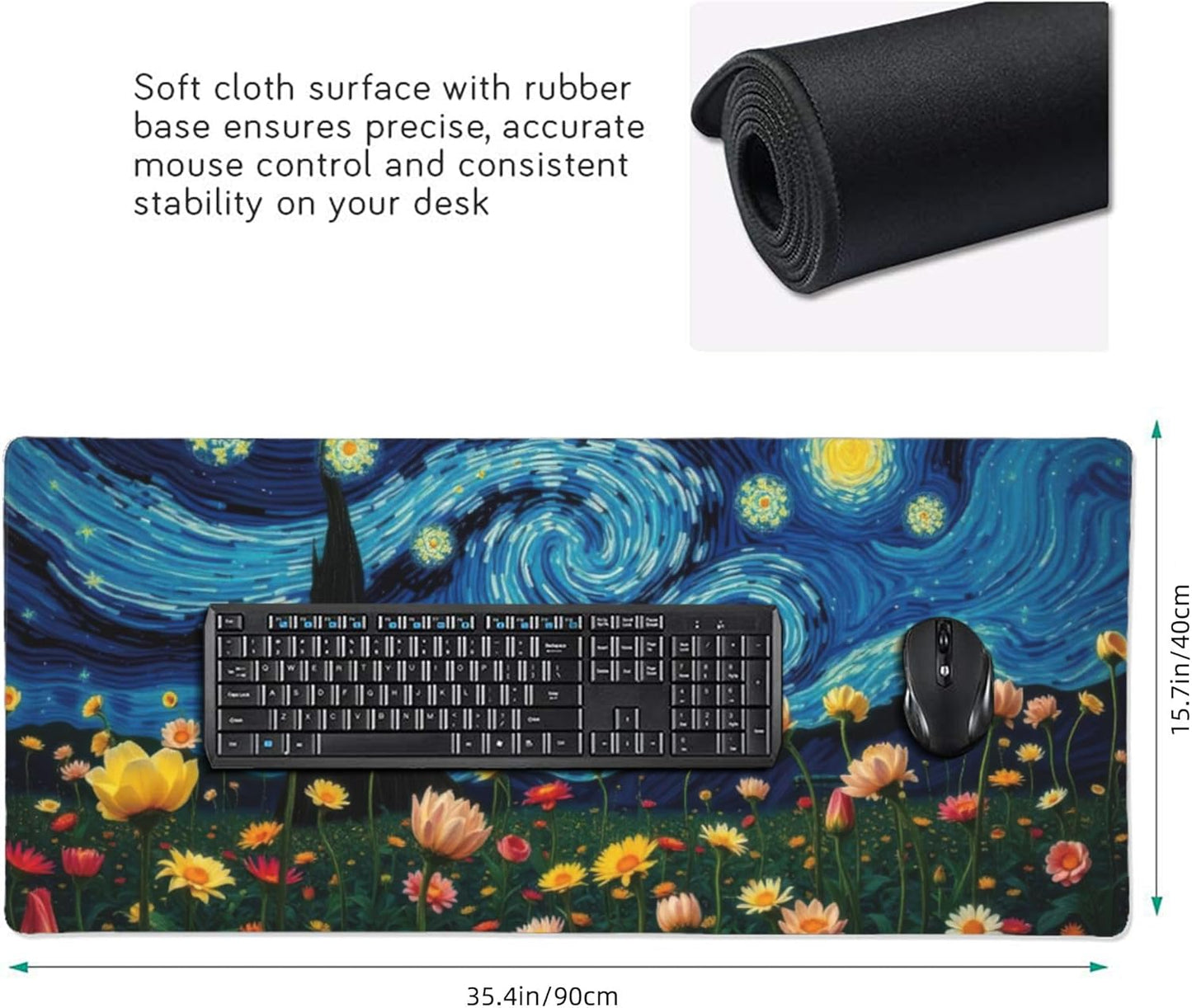 Starry Night Large Mouse Pad, Vintage Aesthetic Flowers Gaming Desk Mat, XXL Keyboard Desk Pad Mat for Desktop, 35.4"x15.7" Non-Slip Base Big Mousepad with Stitched Edges