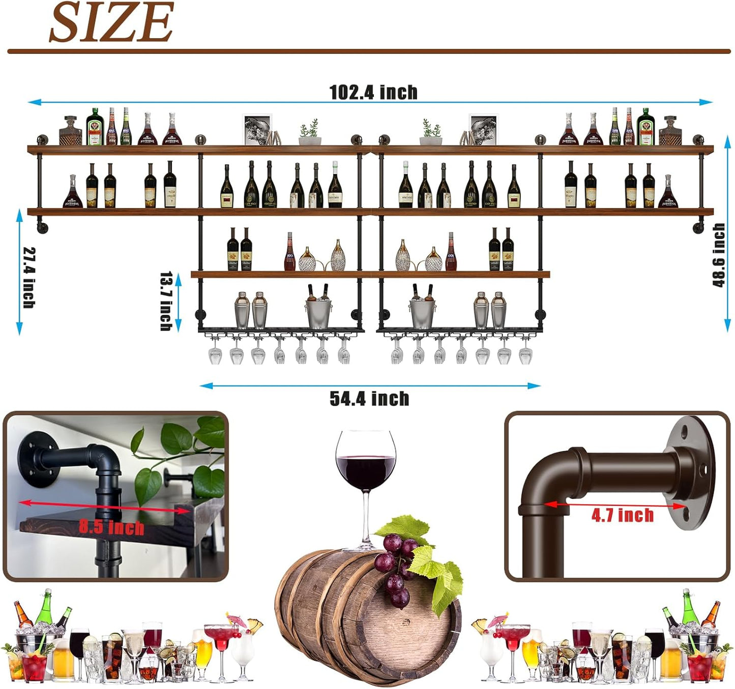 Solid Wood Wall Mounted Wine Rack, Large Wine Rack with LED Light, 4 Tiers Liquor Bottles Floating Shelves with Glass Holder, Industrial Bar Shelves for Home Bar Dining Room (102.4 IN/ 260CM)