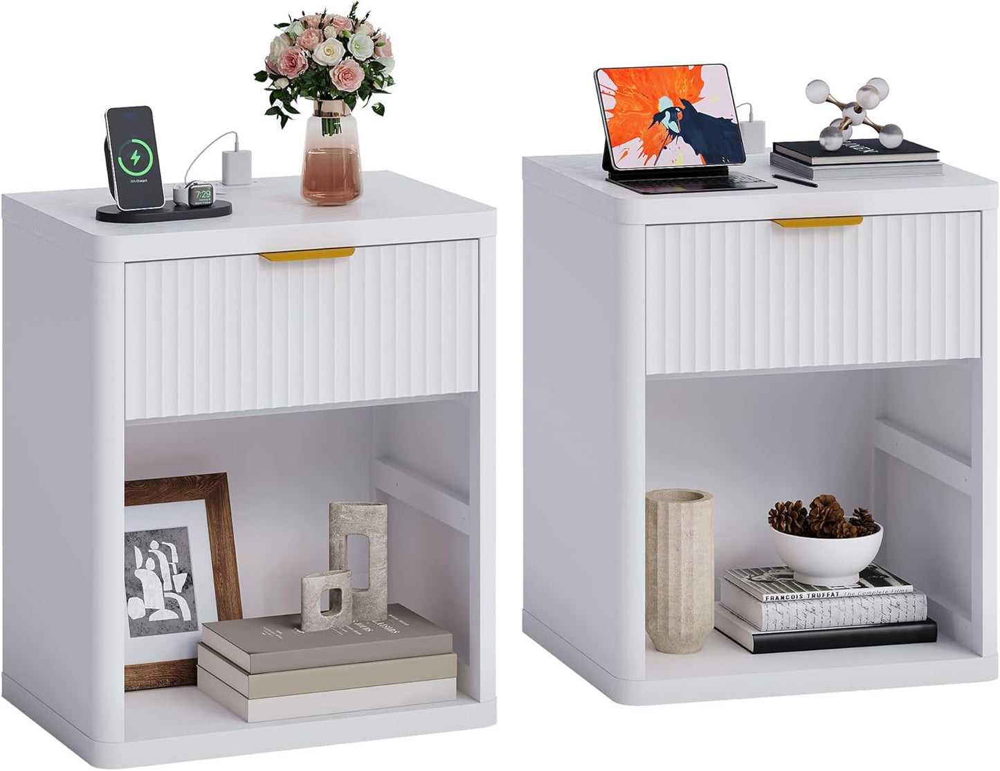 Fluted Nightstand Set of 2 with Charging Station, Bedside Table with Drawers and Open Storage Space, Metal Handles and Rounded Corners for Safety, Mid Century Modern End Table, Bedroom, Living Room