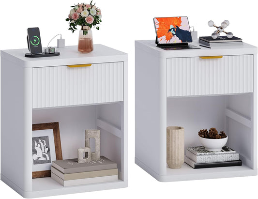 Fluted Nightstand Set of 2 with Charging Station, Bedside Table with Drawers and Open Storage Space, Metal Handles and Rounded Corners for Safety, Mid Century Modern End Table, Bedroom, Living Room